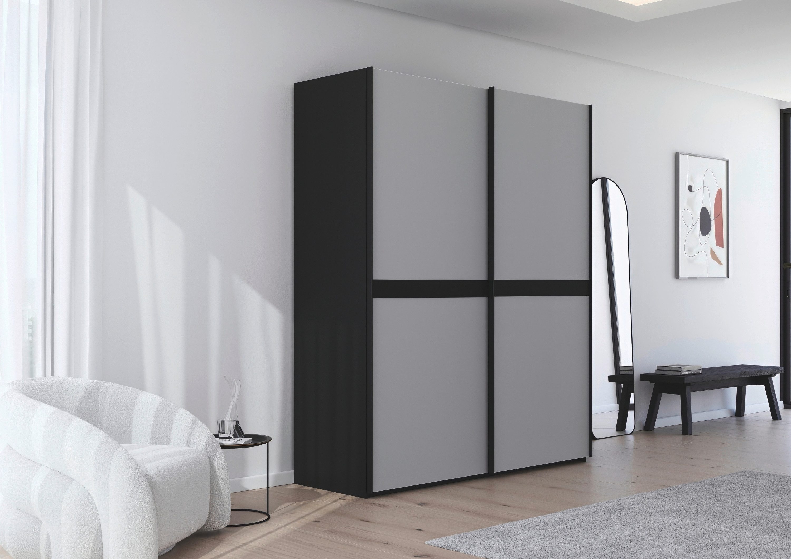 rauch Schwebetürenschrank Kleiderschrank Schrank Garderobe Schlafzimmerschrank SCALE-LINE edle Optik mit Bauchbinde in Korpusfarbe mit Glasfront MADE IN GERMANY