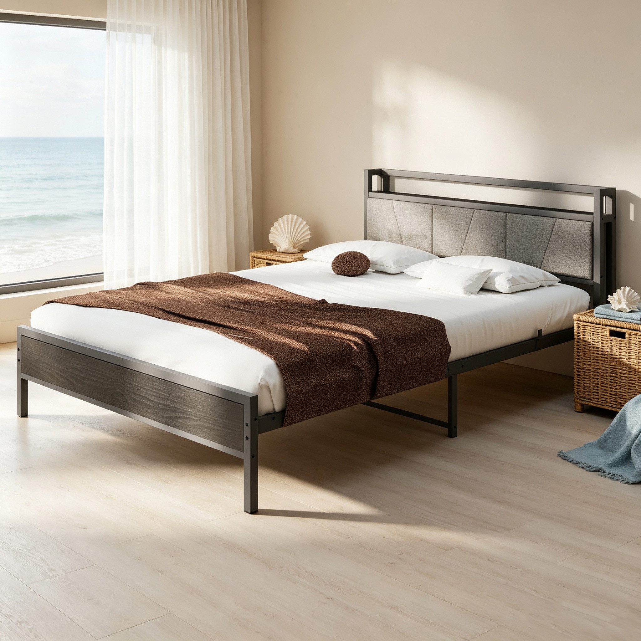 REDOM Metallbett Stauraum-Kopfteil (Einfach zu montieren, kostengünstige Wahl, Metallbett mit 1 Steckdosen, 2 USB-Ladeanschlüssen), 140x200cm,ohne Matratze