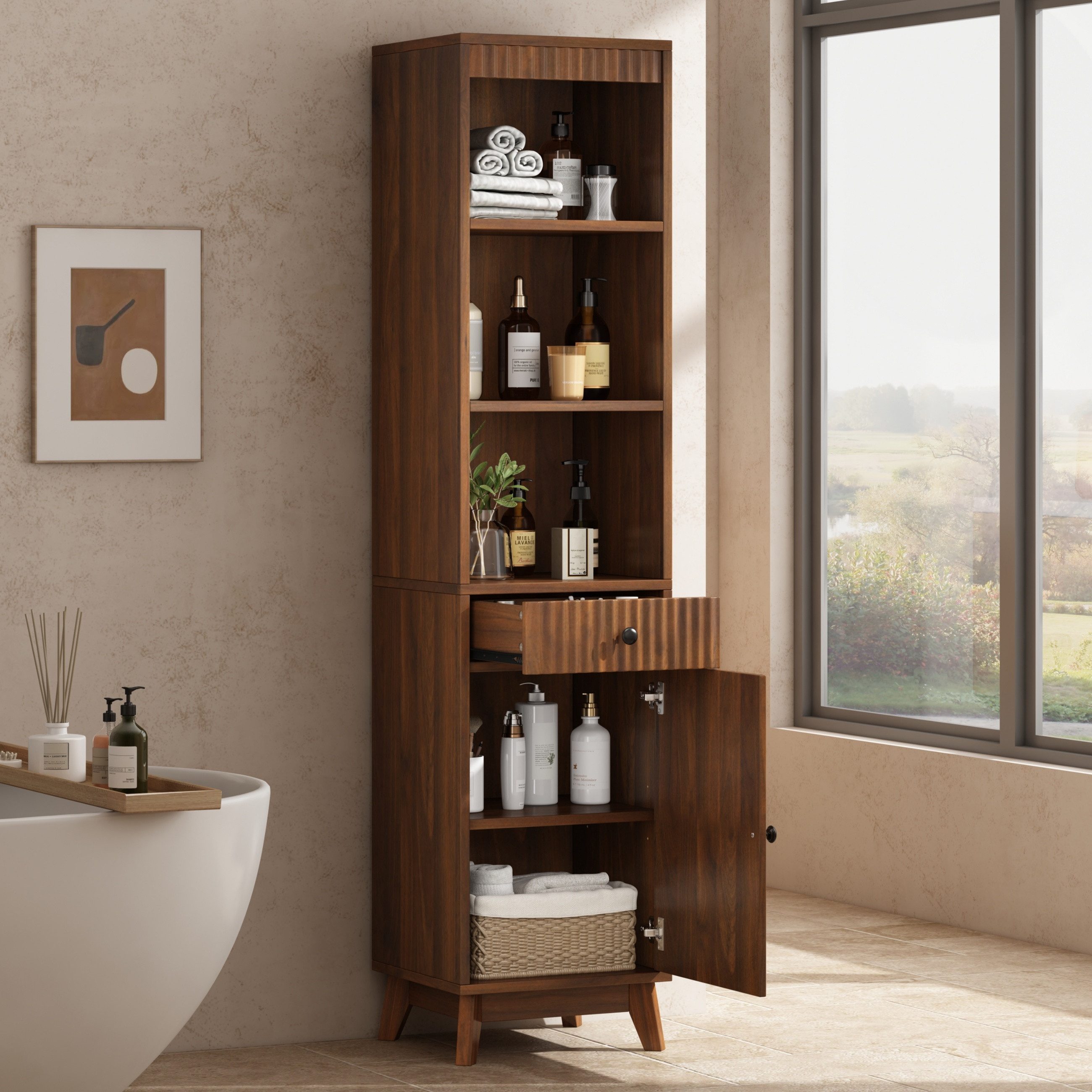 Flieks Badkommode schmal Hochschrank mit Schubladen, Tür rechts oder links wechselbar (Massivholzbeine, Soft-Close-Funktion, vertikal geriffelte Fronten, 1 St., 40x36x172 cm), Badezimmerschrank Multifunktionsschrank mit 5 Fächern Walnussholzfarbe