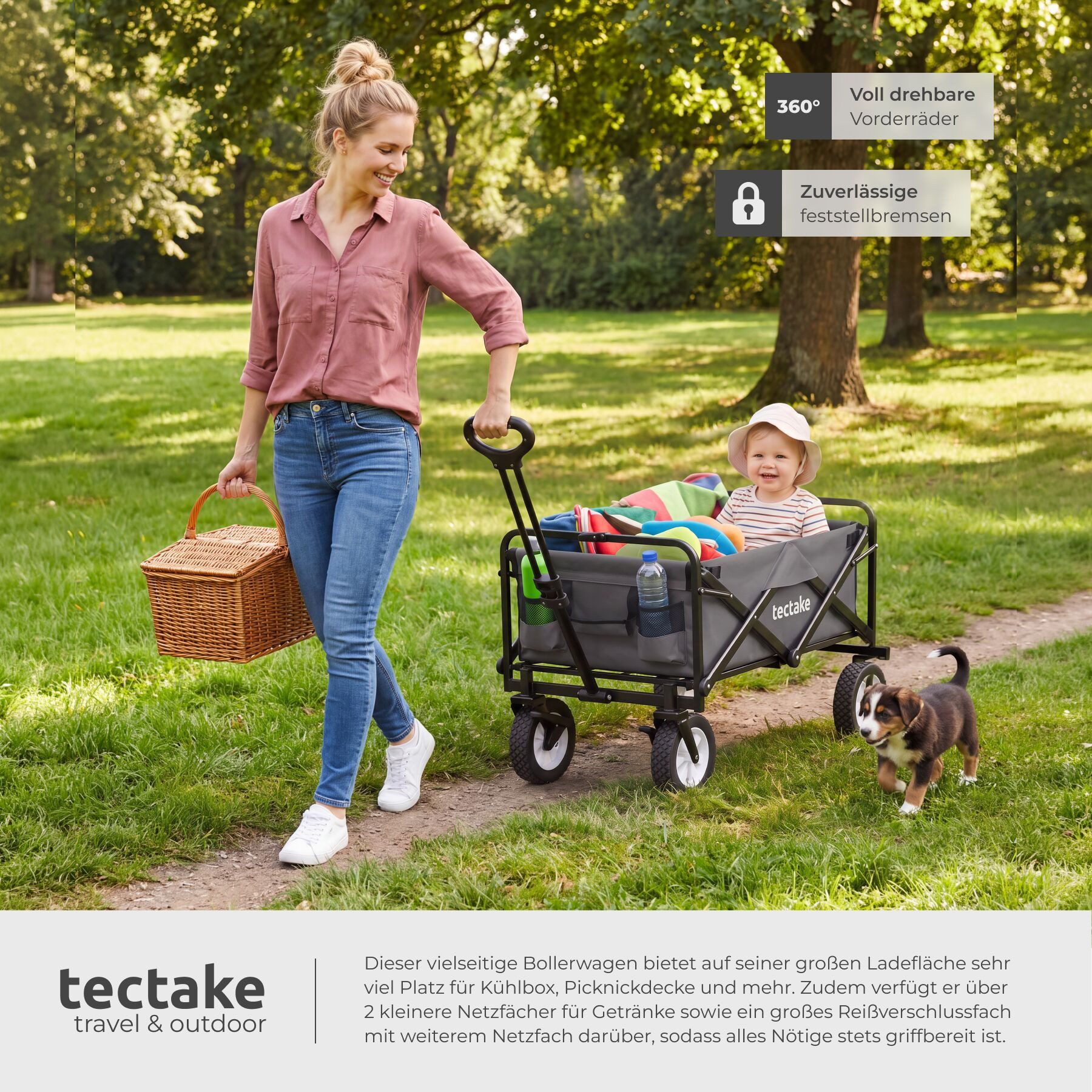 tectake Bollerwagen Faltbarer Handwagen Leon mit Bremsen, Belastbarkeit 80kg (1 Transportwagen, 1-tlg., 97L Volumen in Grau), faltbar – Bild 4 von 5