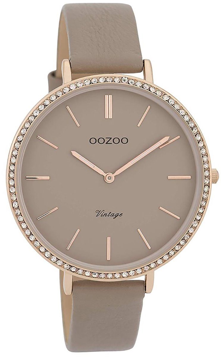 OOZOO Quarzuhr Oozoo Damen Armbanduhr taupe, Damenuhr rund, groß (ca. 40mm)  Lederarmband, Fashion-Style