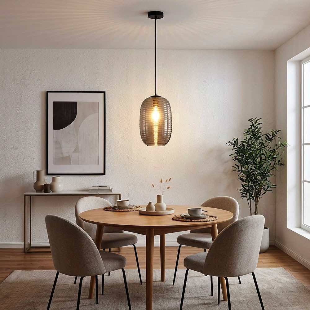 GLOBO LIGHTING LED Pendelleuchte, Leuchtmittel inklusive, Warmweiß, LED Pendelleuchte Metall Glas schwarz Rauchoptik gerillt H 120 cm