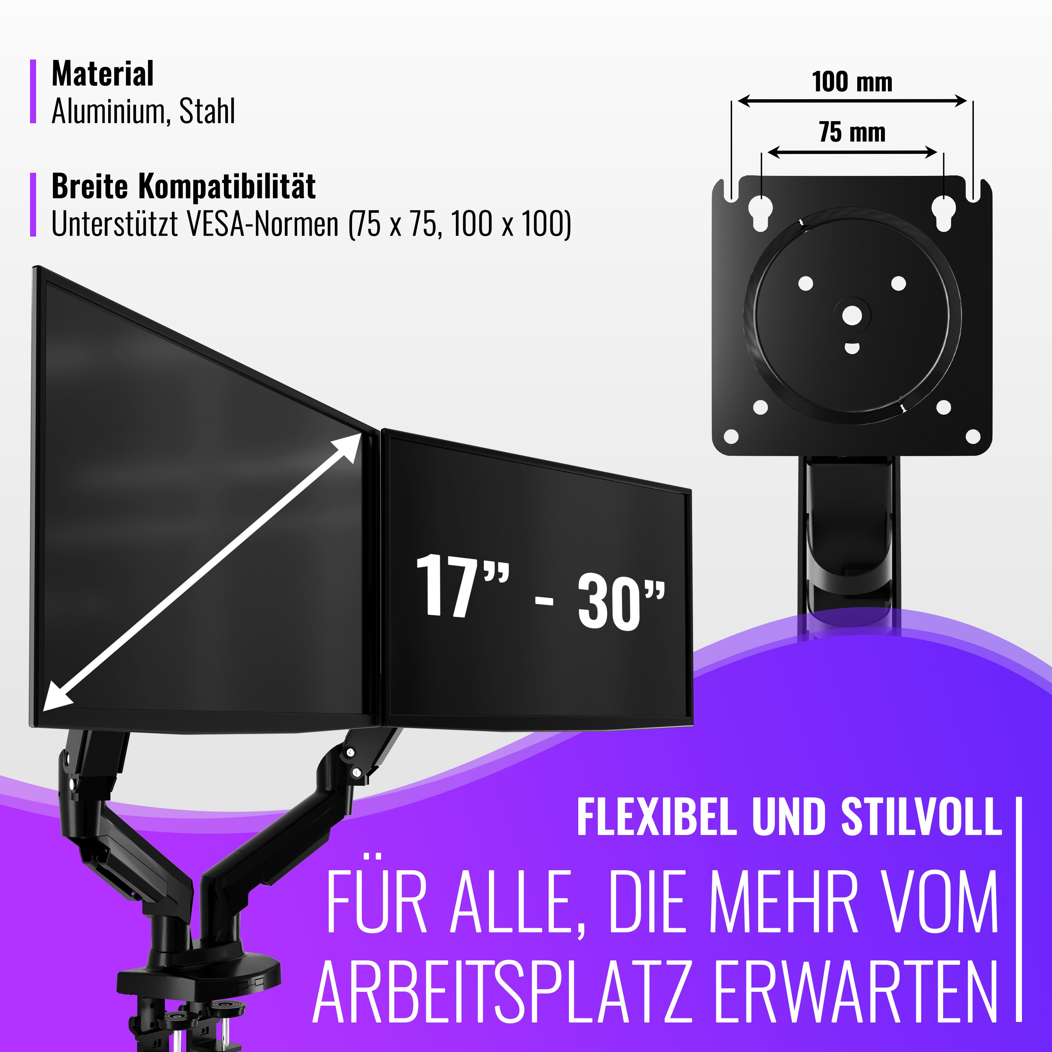 Poppstar Monitor-Halterung Höhenverstellbare Tischhalterung für 2 Monitore (17 Zoll bis 27 Zoll), (bis 27,00 Zoll, 360° schwenkbare, drehbare & neigbare Monitor-Arme)