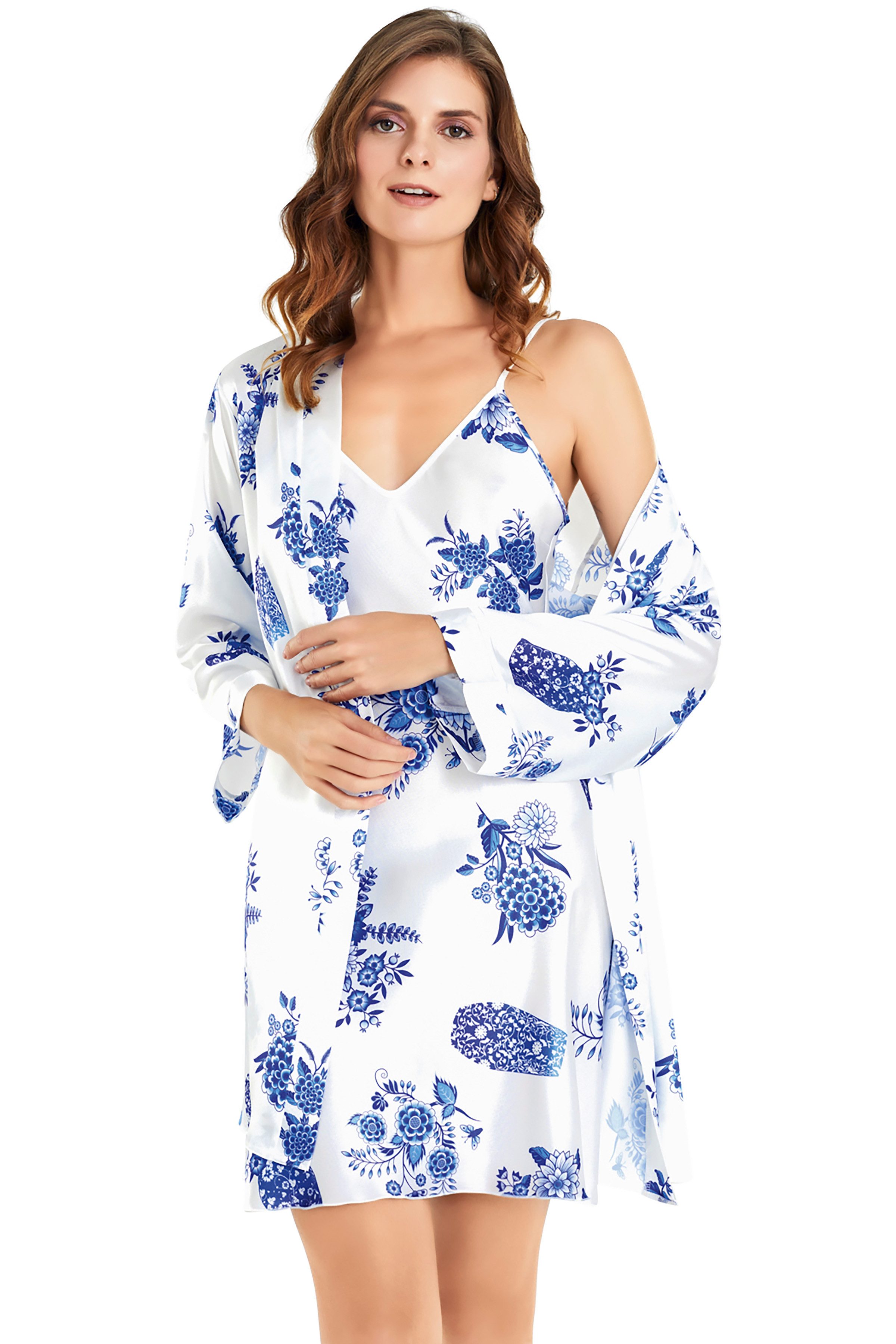 Nachthemd 2-teiliges Satin Nachthemd Set mit Kimono – Weiß mit Blumenmuster günstig online kaufen