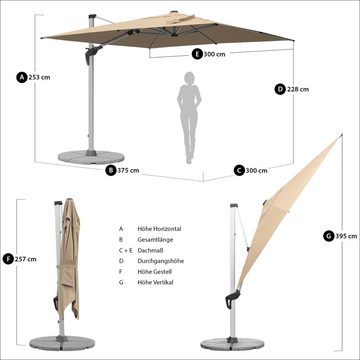 anndora Ampelschirm Sonnenschirm aus Aluminium Marktschirm, LxB: 300,00x300,00 cm, mit Kurbelmechanik, mit Metallkreuz