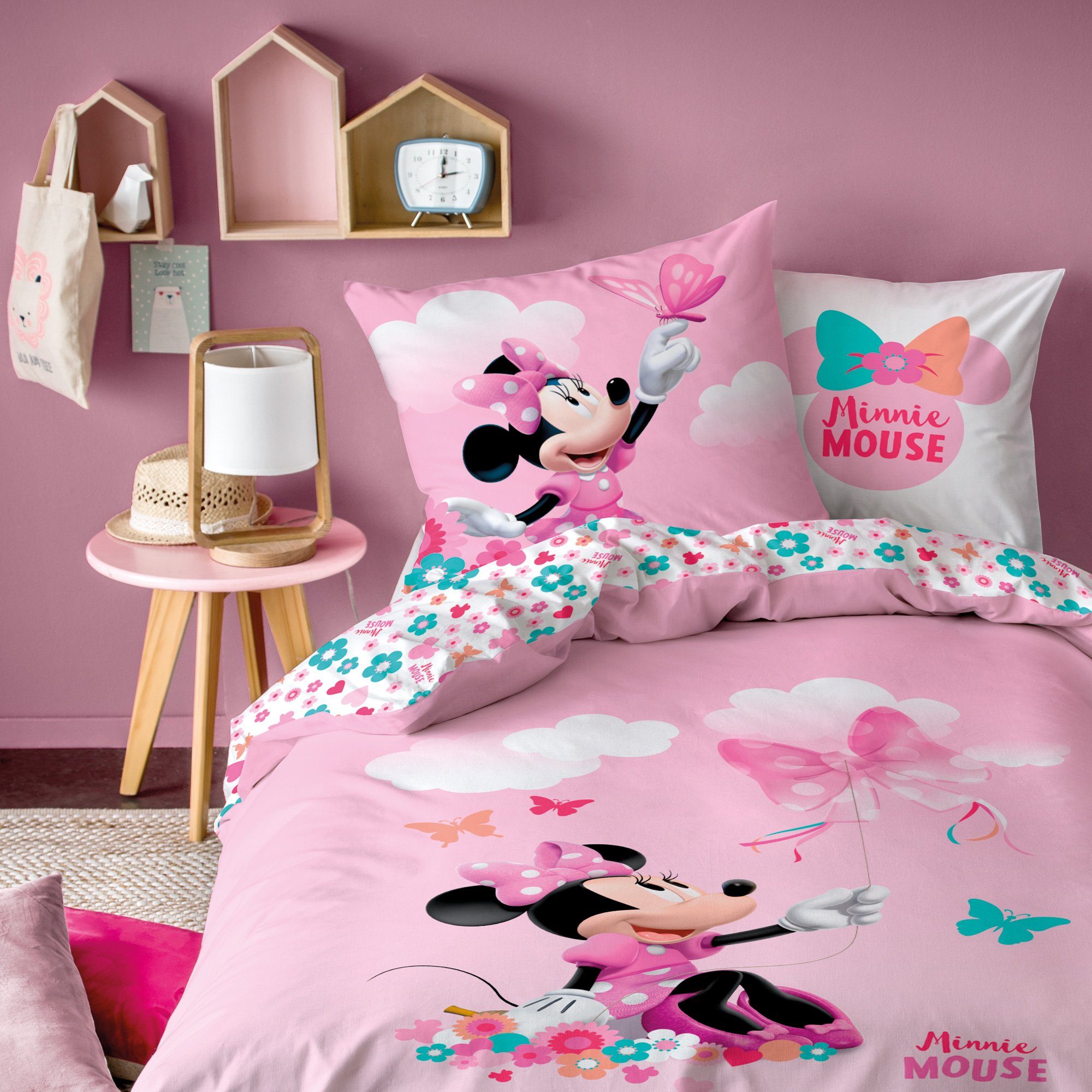Kinderbettwäsche Minnie Mouse 135x200 + 80x80 cm, 100 % Baumwolle,  MTOnlinehandel, Renforcé, 2 teilig, Disney Minnie Maus Schmetterling  Bettwäsche in pink und rosa