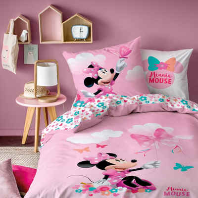 Kinderbettwäsche Minnie Mouse 135x200 + 80x80 cm 2 tlg., 100 % Baumwolle in Renforcé, MTOnlinehandel, Renforcé, 2 teilig, Disney Minnie Maus Schmetterling Bettwäsche in pink und rosa