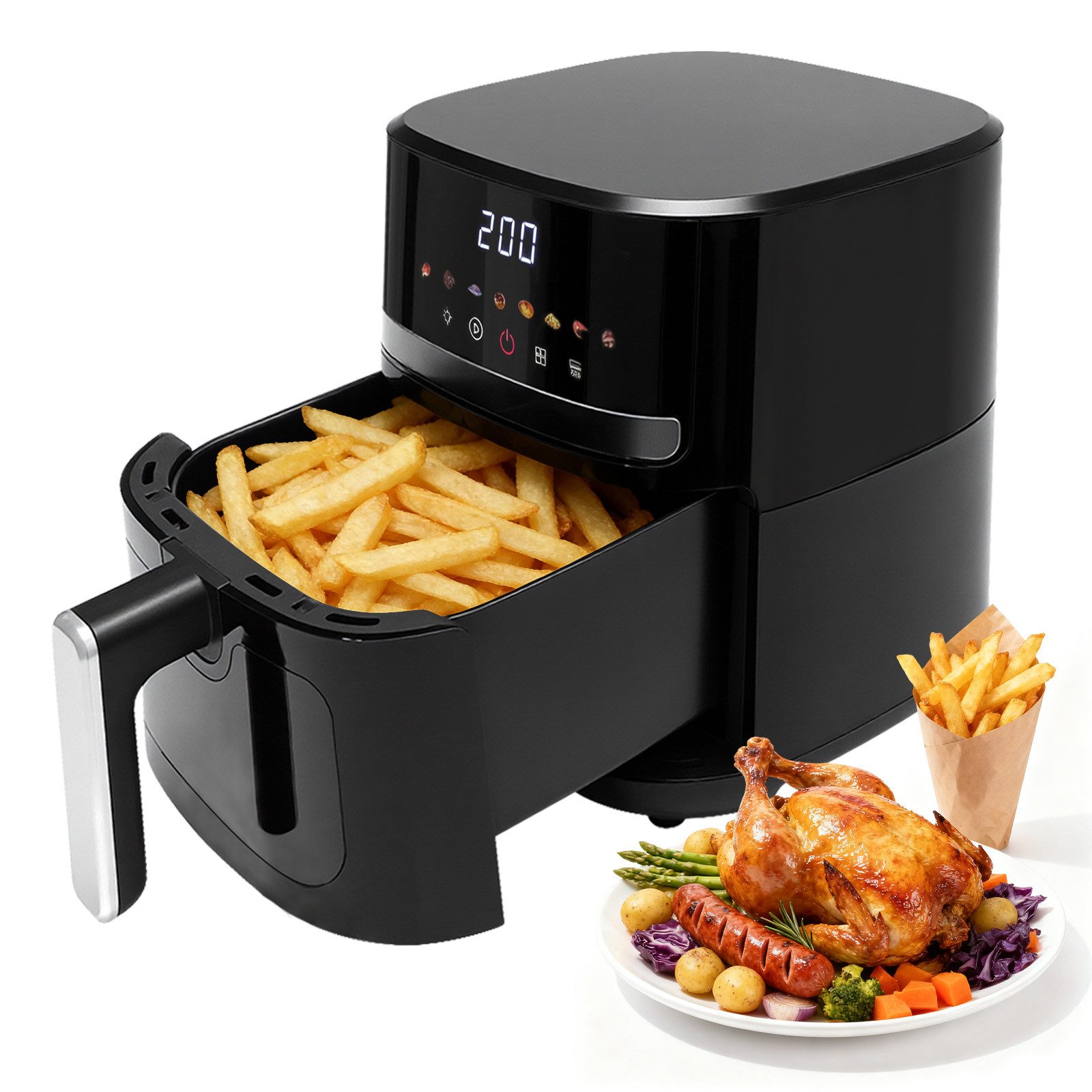Gotoll Heißluftfritteuse XL Airfryer mit LED-Touchscreen 8 Programme bis zu 5 Personen, 1350 W, Antihaftbeschichtung,Fettarm und gesund,zeitsparend