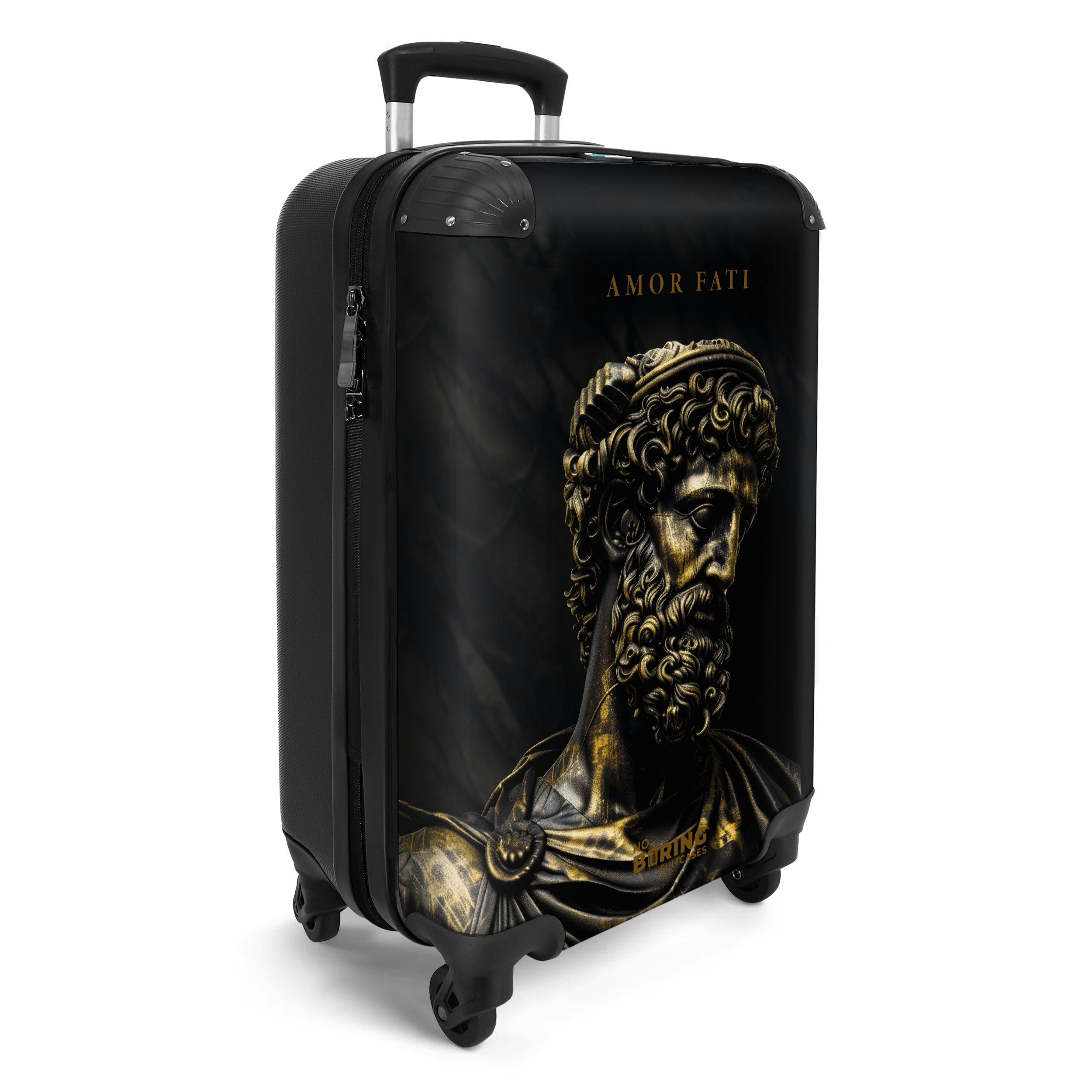 NoBoringSuitcases.com© Hartschalen-Trolley Schwarz-goldene griechische Stat günstig online kaufen