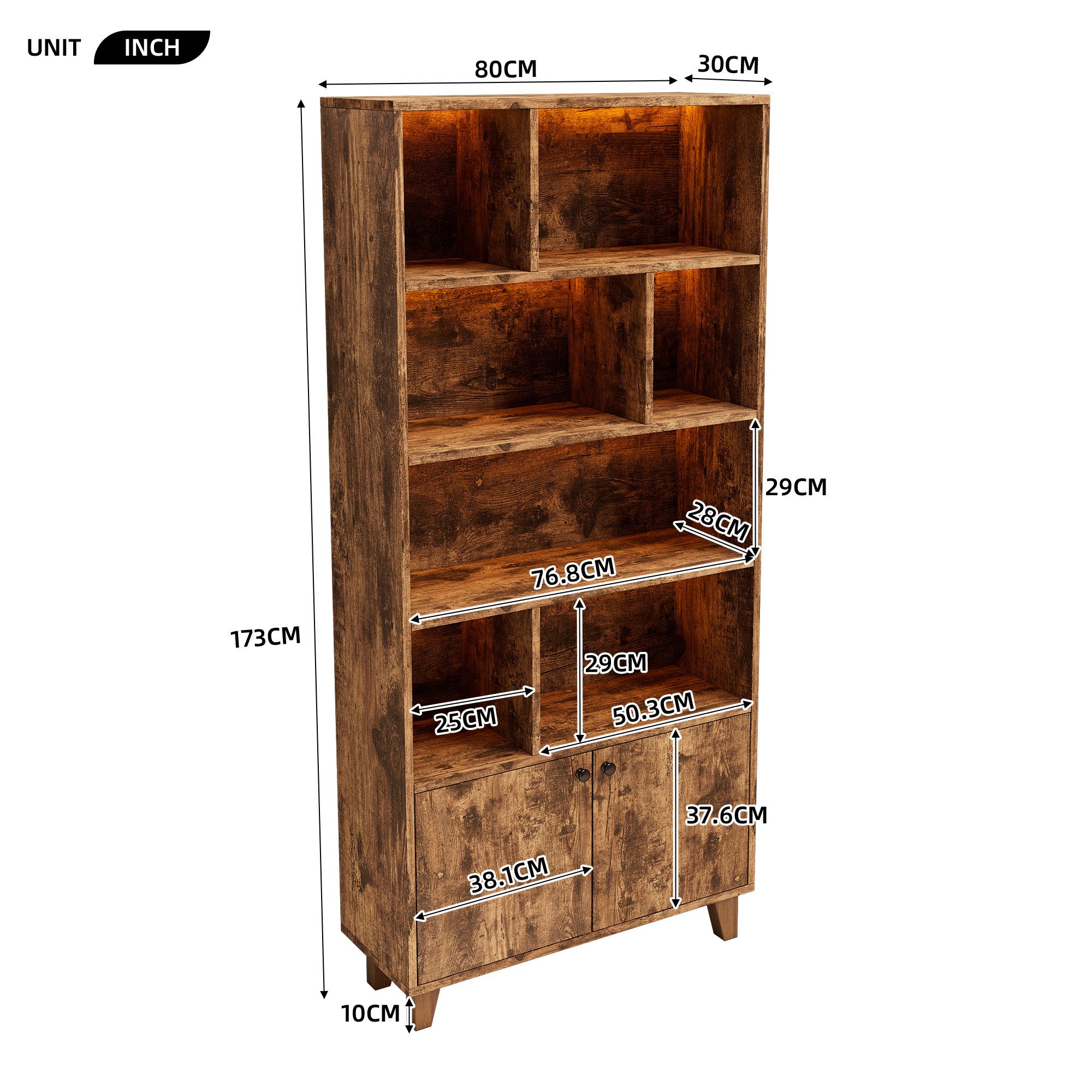 KLAM HOME Bücherregal 80x30x173cm Bücherregal, Beine aus Massivholz, mehrere Ablagefächer, Doppeltüren, LED-Farbwechsel-Ambientelicht, Fernbedienung