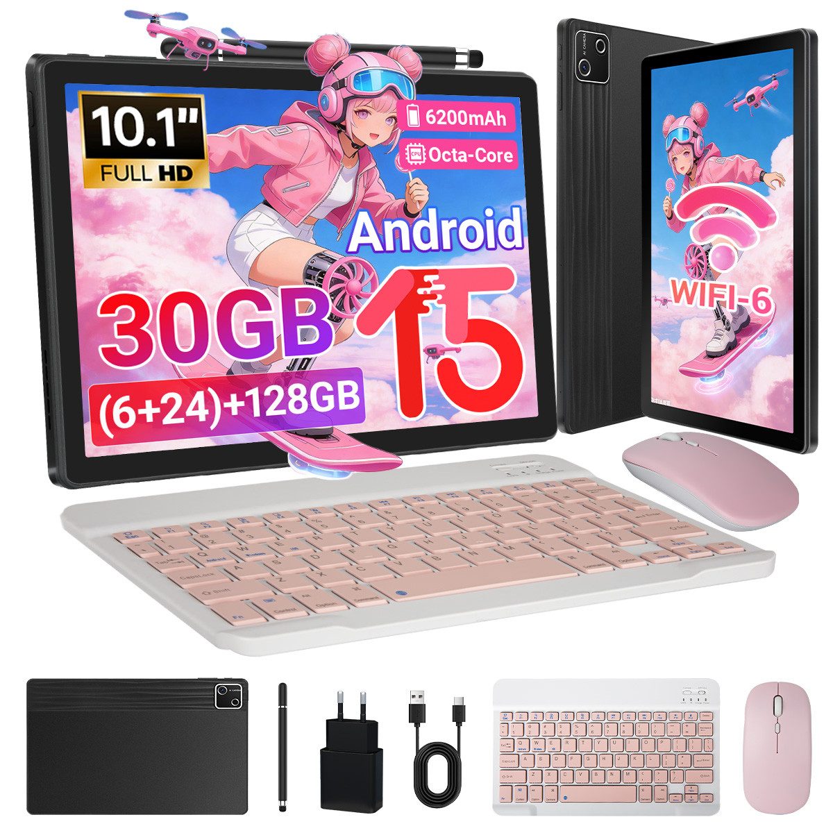 BUFO 10 Zoll 30(6+24)GB 128GB ROM+1TB TF Android 15 WiFi 6 6200mAh Tablet (10", 128 GB, Android 15, 2,4/5G WiFi, 1280x800 IPS HD Screen, PC-Modus, OTG-Transfer)