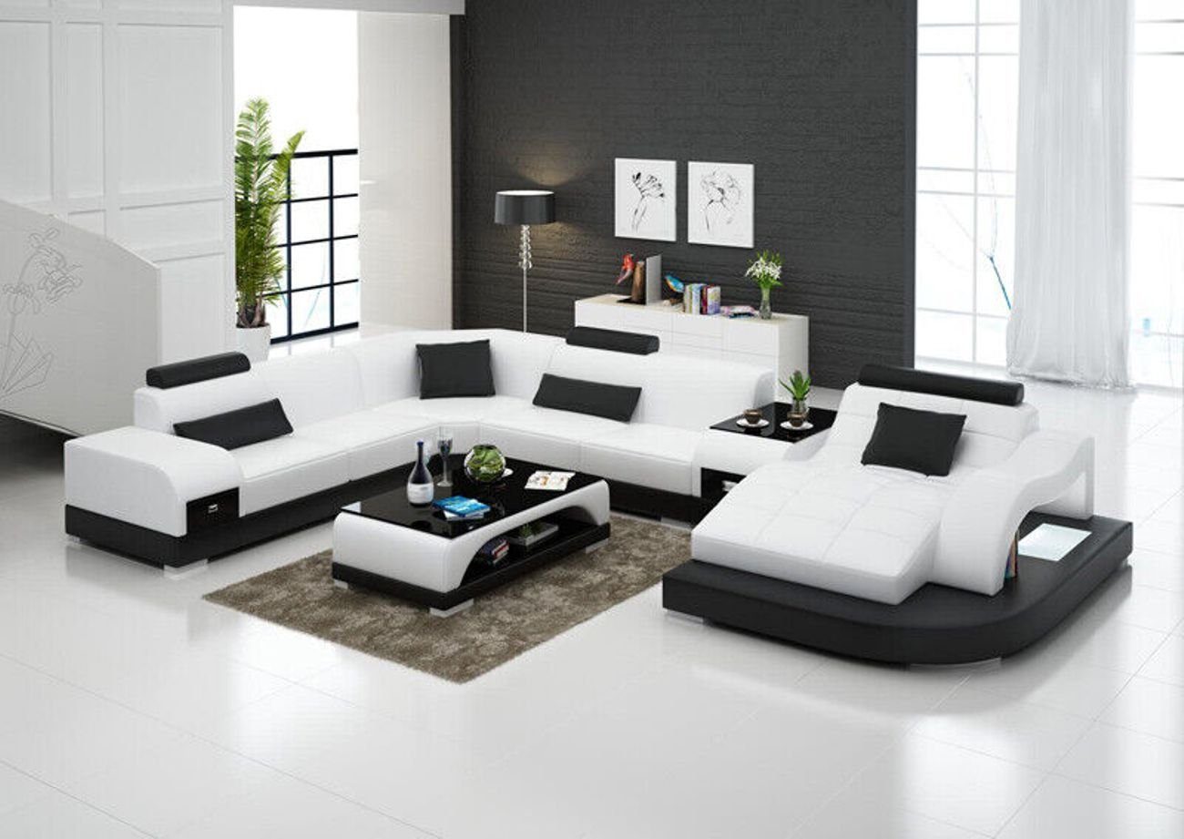 Weiß Ecksofa Polster USB Eck JVmoebel mit Sitz Couch Leder Moderne Sofa Couchen+Tisch+Licht