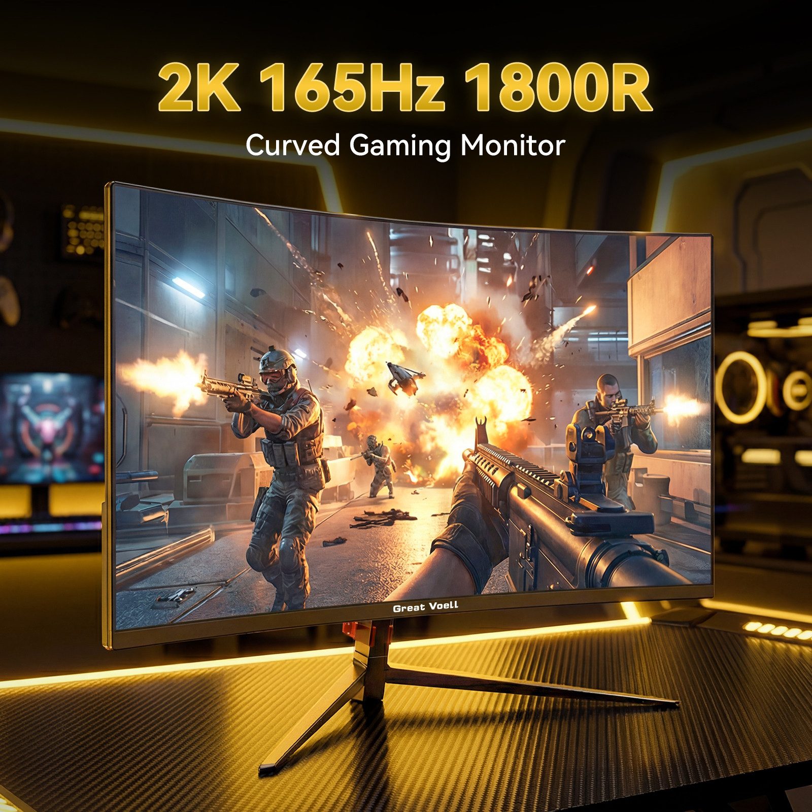 Great Voell 27 Zoll QHD 2K, 1800R, 165Hz, Rahmenlos Curved-Gaming-Monitor (69 cm/27 ", 2560 x 1440 px, QHD, 1 ms Reaktionszeit, 165 Hz, VA LED, HDR, FreeSync, VESA, HDMI & DP, 1440px, 165Hz, 2K)