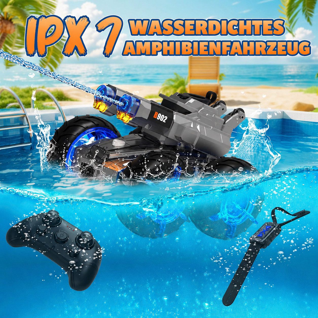 Vivitar RC-Auto Amphibisches Auto mit Wasserpistole 2in1 ferngesteuertes Auto & Boot (Stuntauto mit Wassersprühfunktion, robust, wiederaufladbar, 2,4-GHz-Fernbedienung, geländegängiges RC-Fahrzeug als Geschenk), wasserdicht, Offroad-Monstertruck für Kinder, 2 Akkus, lange Spielzeit