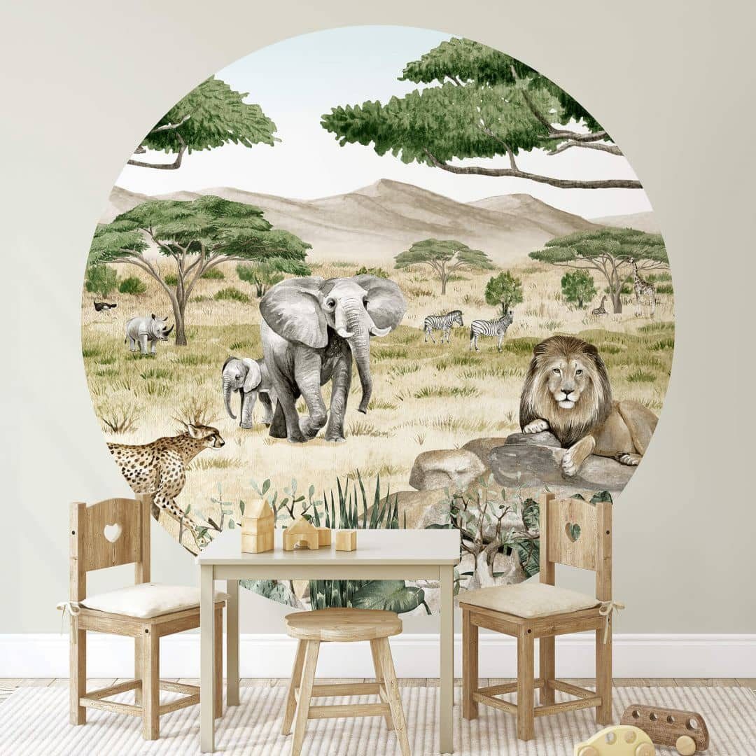 K&L Wall Art Fototapete Kikki Belle - Die Savanne, Vliestapete, rund, Zoo Dschungel Tiere, große Kinder Motivtapete
