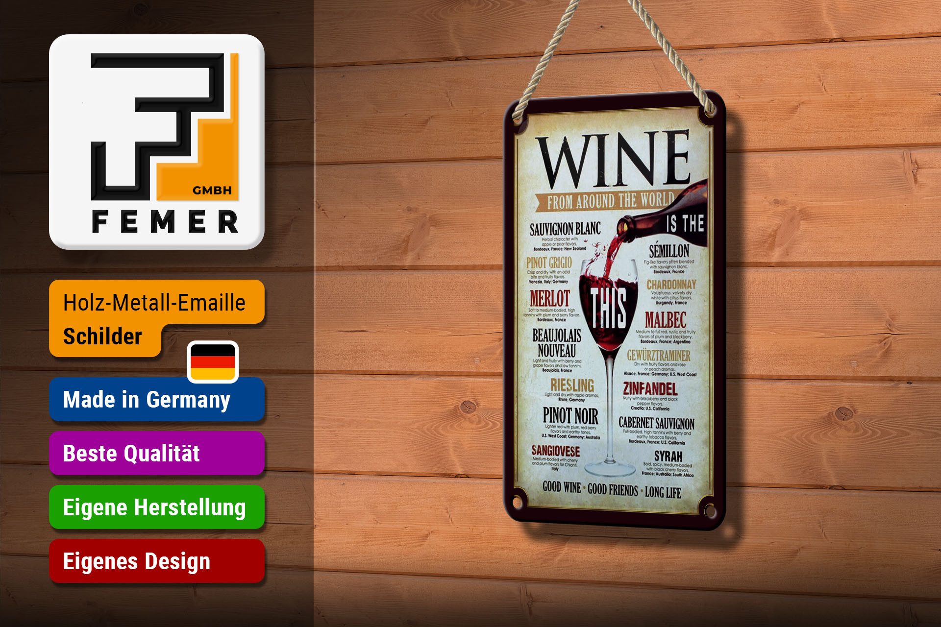 Femer GmbH Metallschild Alkohol 12x18 cm Wein Good wine goood friends long life, (1 St), gewölbte Oberfläche, abgerundete Ecken, umgeschlagene Kanten