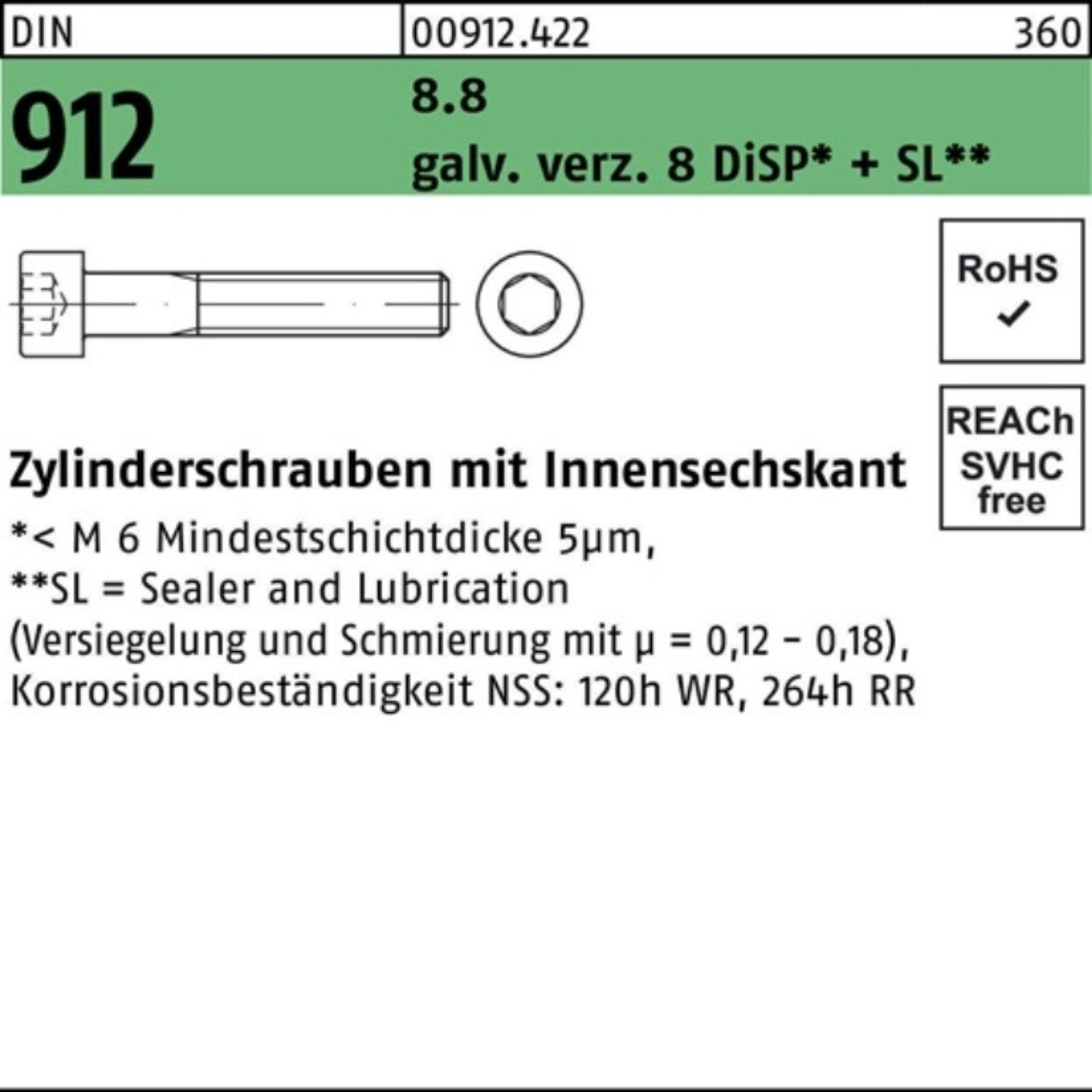 Reyher Zylinderschraube 500er Pack Zylinderschraube DIN 912 Innen-6kt M4x 50 8.8 gal Zn DiSP +