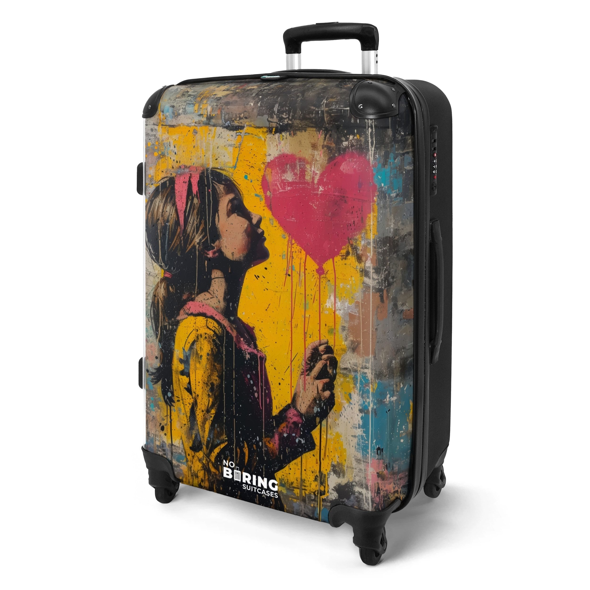 NoBoringSuitcases.com© Hartschalen-Trolley Mädchen mit herzförmigem Luftballon im Graffiti-Stil 67 cm - 72 L, 4 Rollen, Koffer Mittelgroß für 20kg, Suitcase für Erwachsene, Reisekoffer