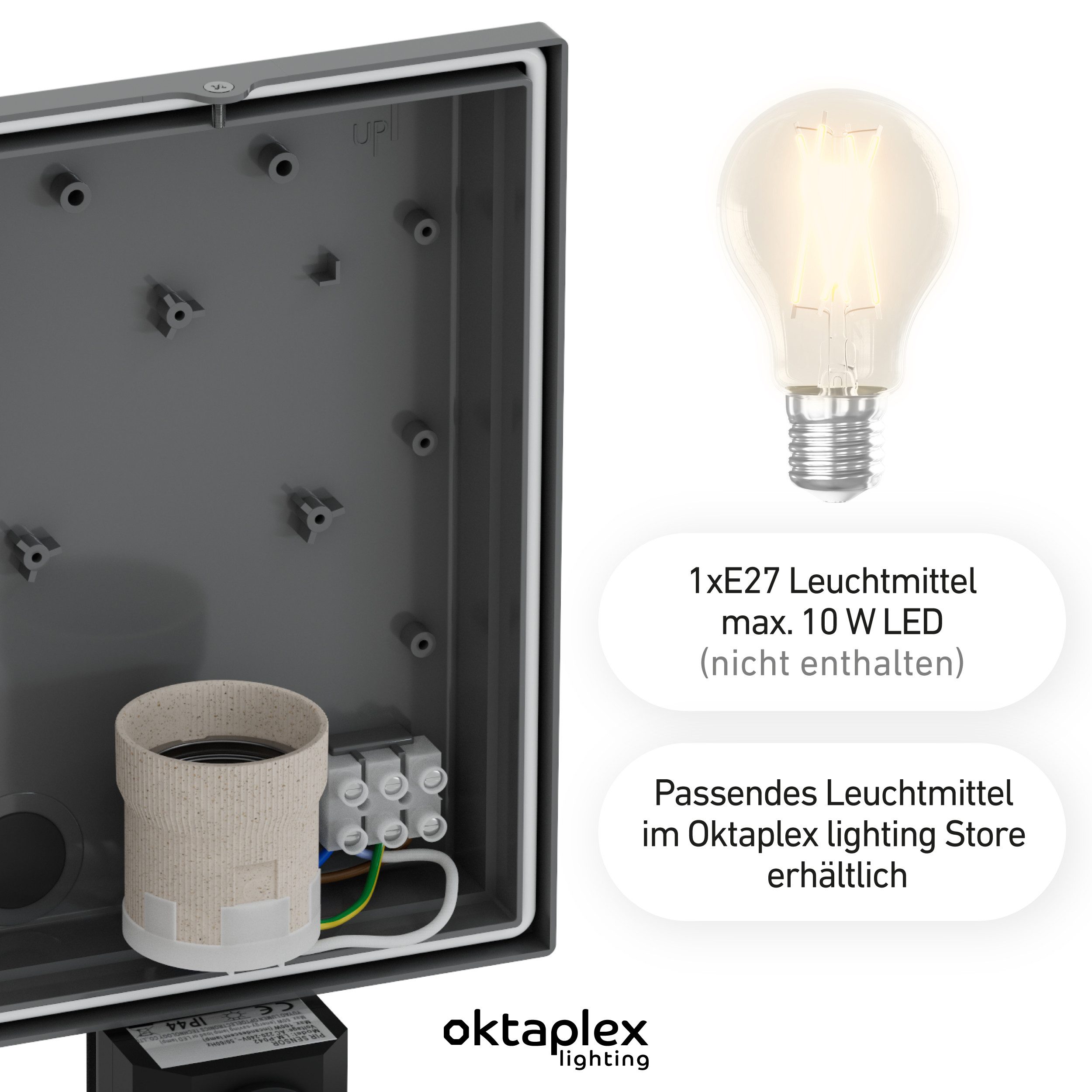 Oktaplex lighting Außen-Wandleuchte Alto E27 Außenlampe mit Bewegungsmelder 7m / 90 Grad, PIR-Sensor, ohne Leuchtmittel, Außenleuchte IP44 Edelstahl Blende anthrazit
