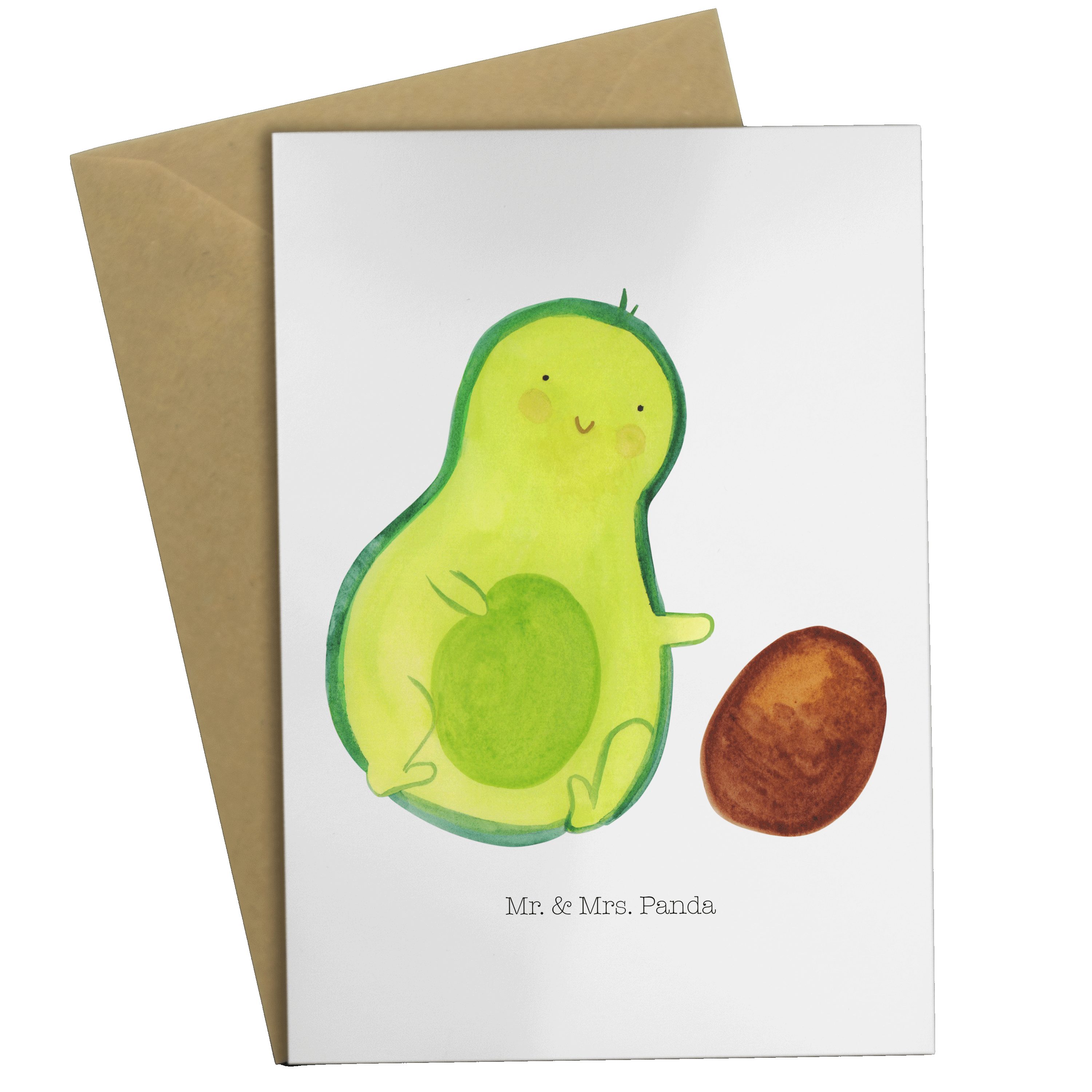 Mr. & Mrs. Panda Grußkarte Avocado rollt Kern - Weiß - Geschenk, Vegan, Babyparty, Liebe, erstes