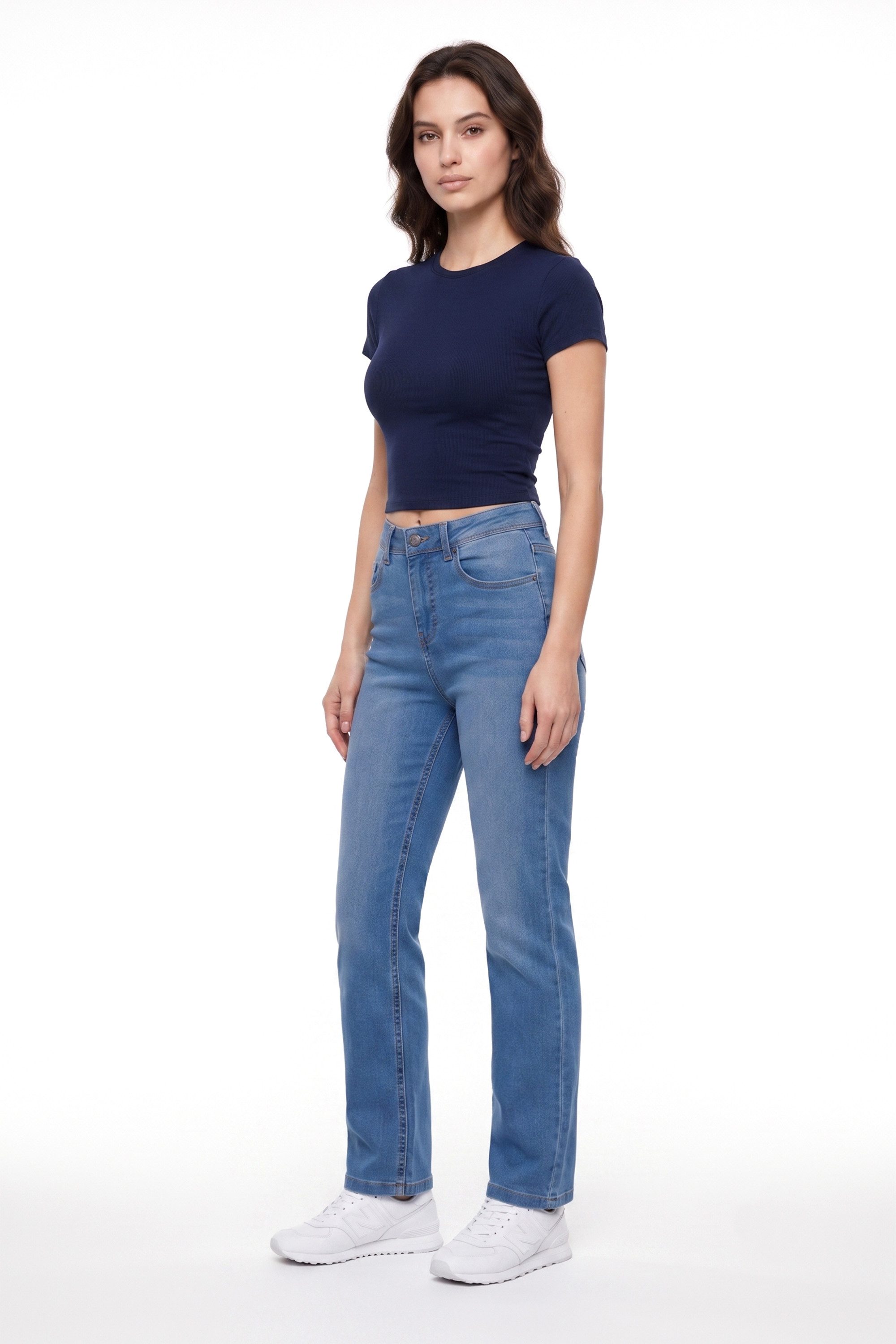 ESRA Straight-Jeans High Waist Damen Jeans Stretch Hose aus superweicher Baumwolle Straight Jeans Damen Stretch Jeanshose High Waist bis Große Größe