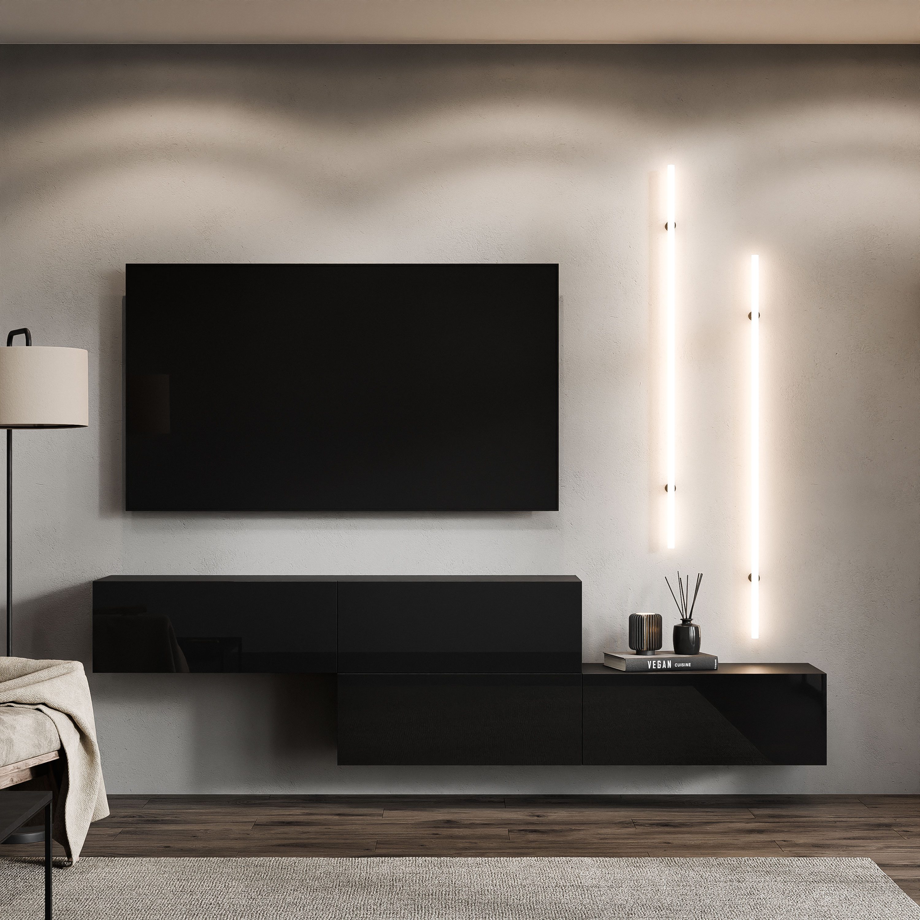 Planetmöbel TV-Board WEST (TV-Board 2x 160 cm in Schwarz), versetzt montierar