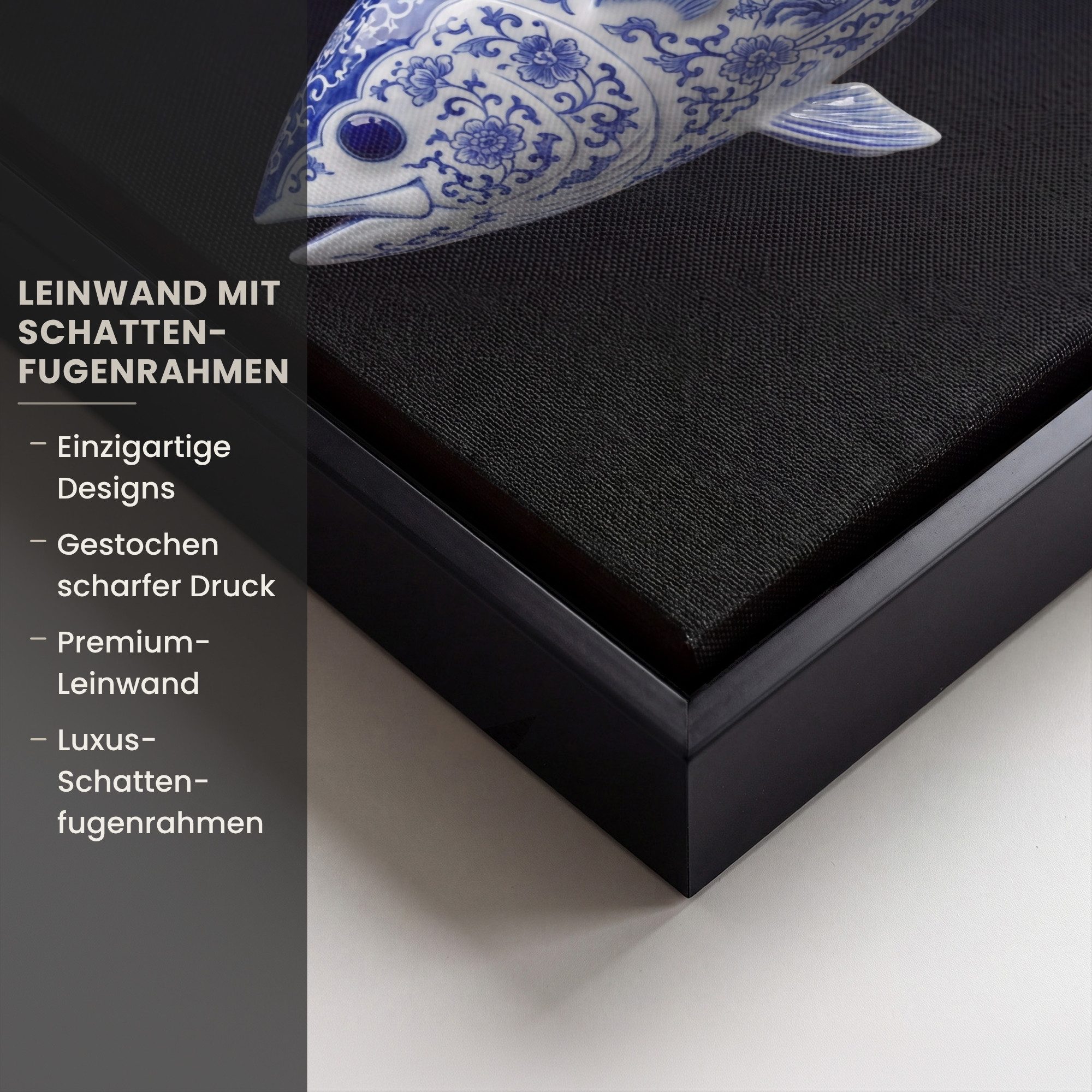 OneMillionCanvasses® Leinwandbild mit Rahmen - Porzellan - Thunfisch - Delfter Keramik, Fotodruck (1 St), Leinwand Bilder Klein, Wand Dekoration Aesthetic 20x20cm