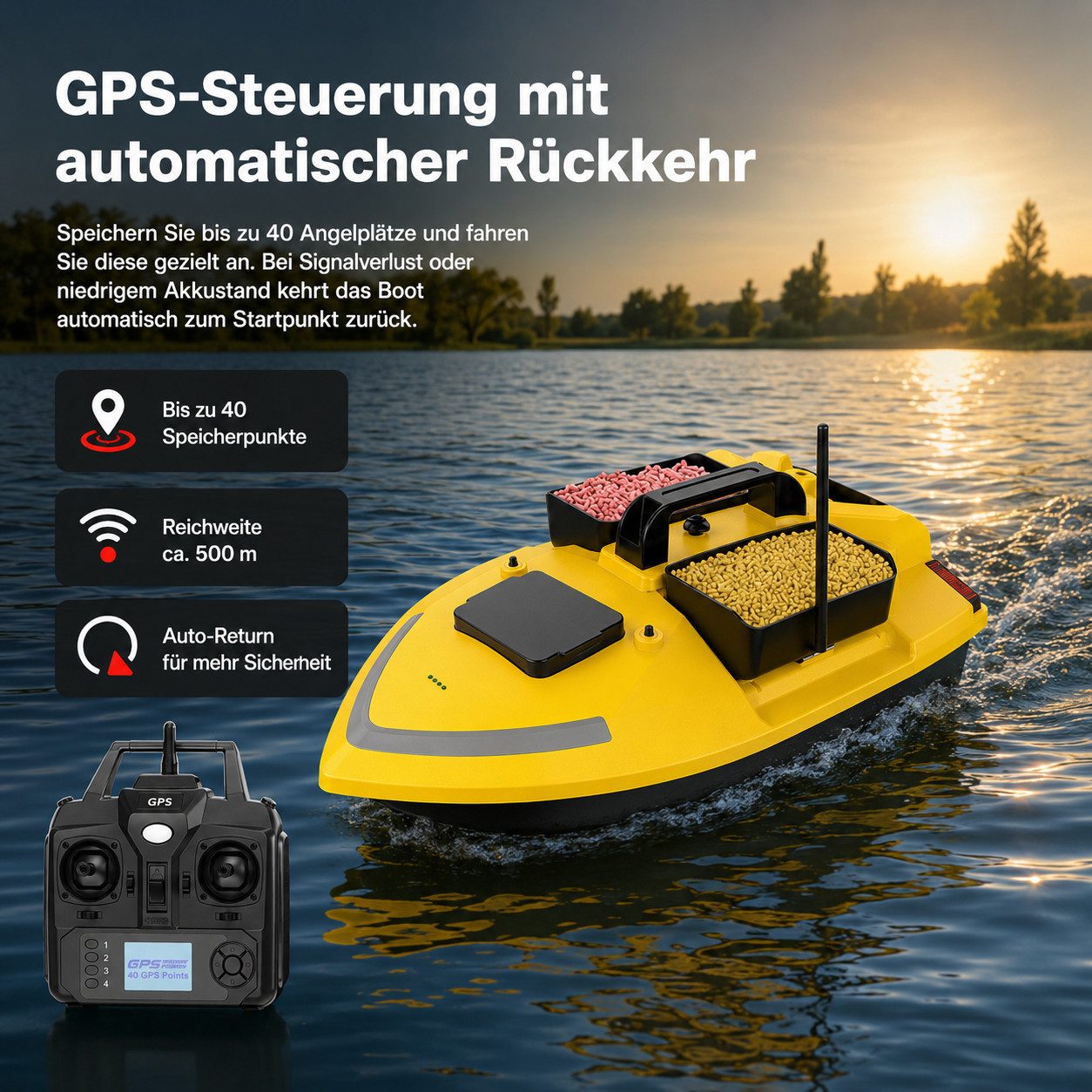 Tekoo RC-Boot GPS Futterboot nachtleuchtend, 2x 12.000mAh Akku, 2kg Traglast (Set, Komplettset (RTR), Auto-Return Funktion, Nachtleuchtend, 40 GPS-Spots