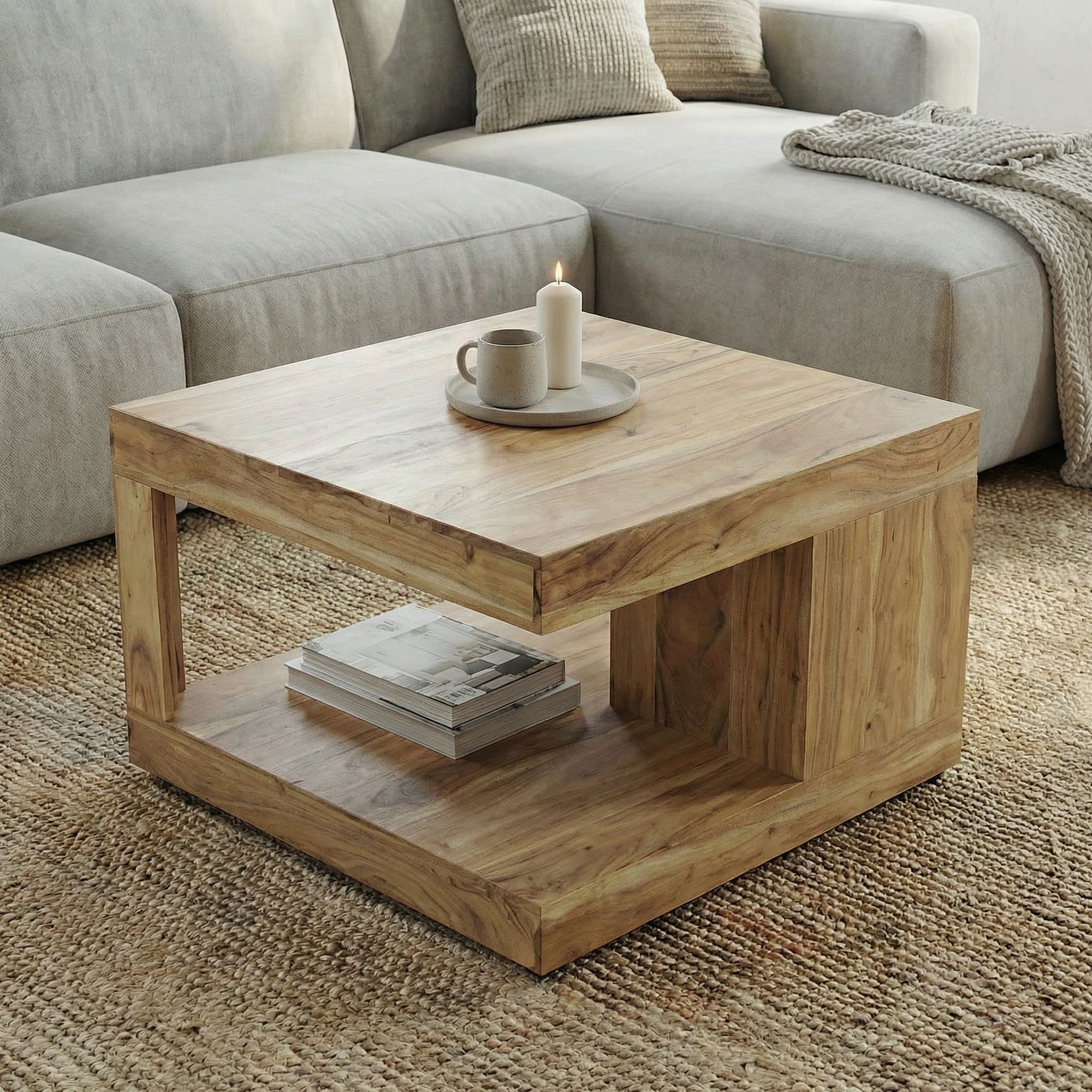 FINEBUY Couchtisch FB116674 Akazie Massivholz 60cm Wohnzimmertisch Beistelltisch Tisch (Quadratisches Designobjekt mit offener Form), Komplett aus massivem Akazienholz gefertigt