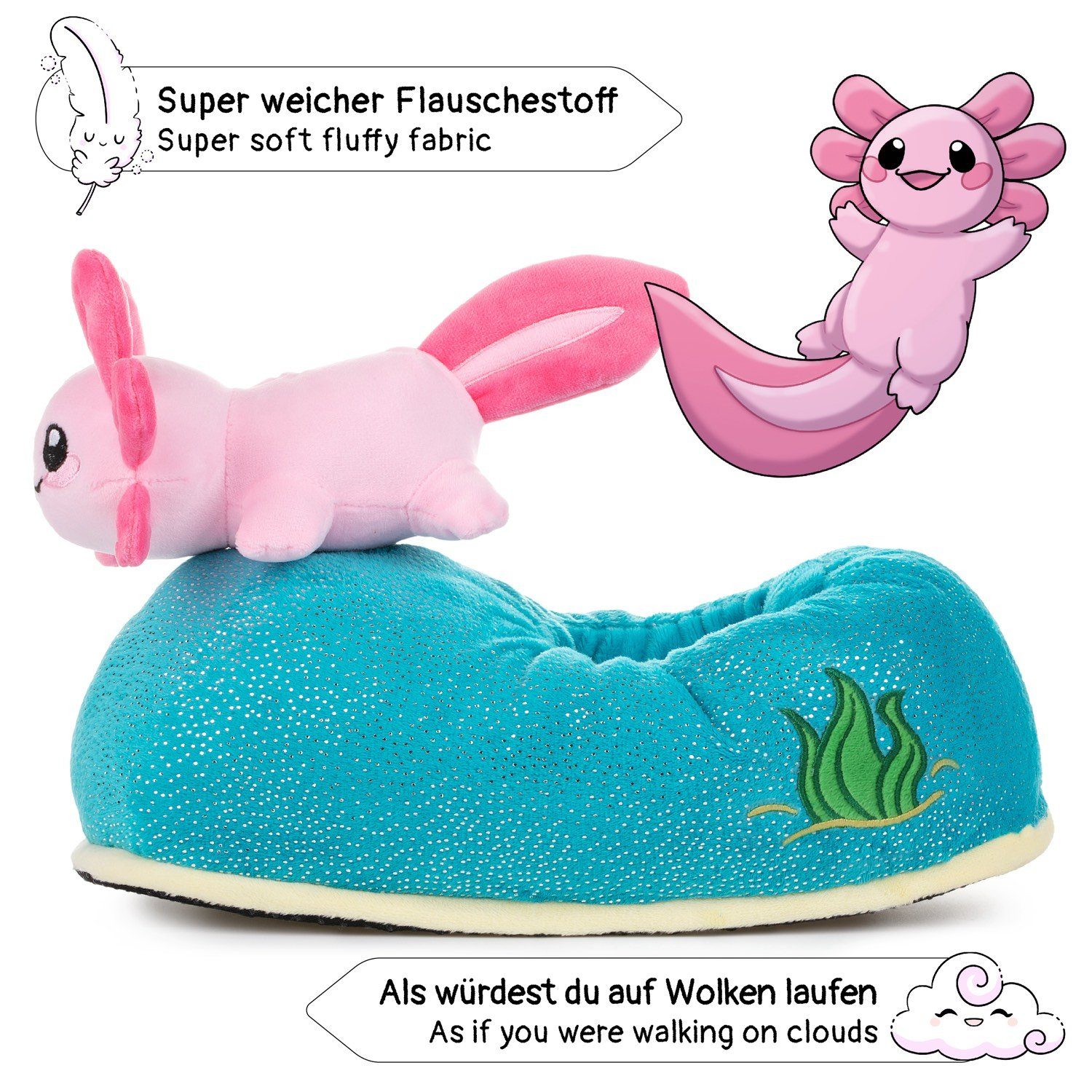 33,5 Pink, Blau Corimori Plüsch-Hausschuhe Hausschuhe Witzige Witizige Plüsch, Plüsch Tier-Hausschuhe, Einheitsgröße 25 Schuhe- Axolotl EU Slipper, "Beeps" -