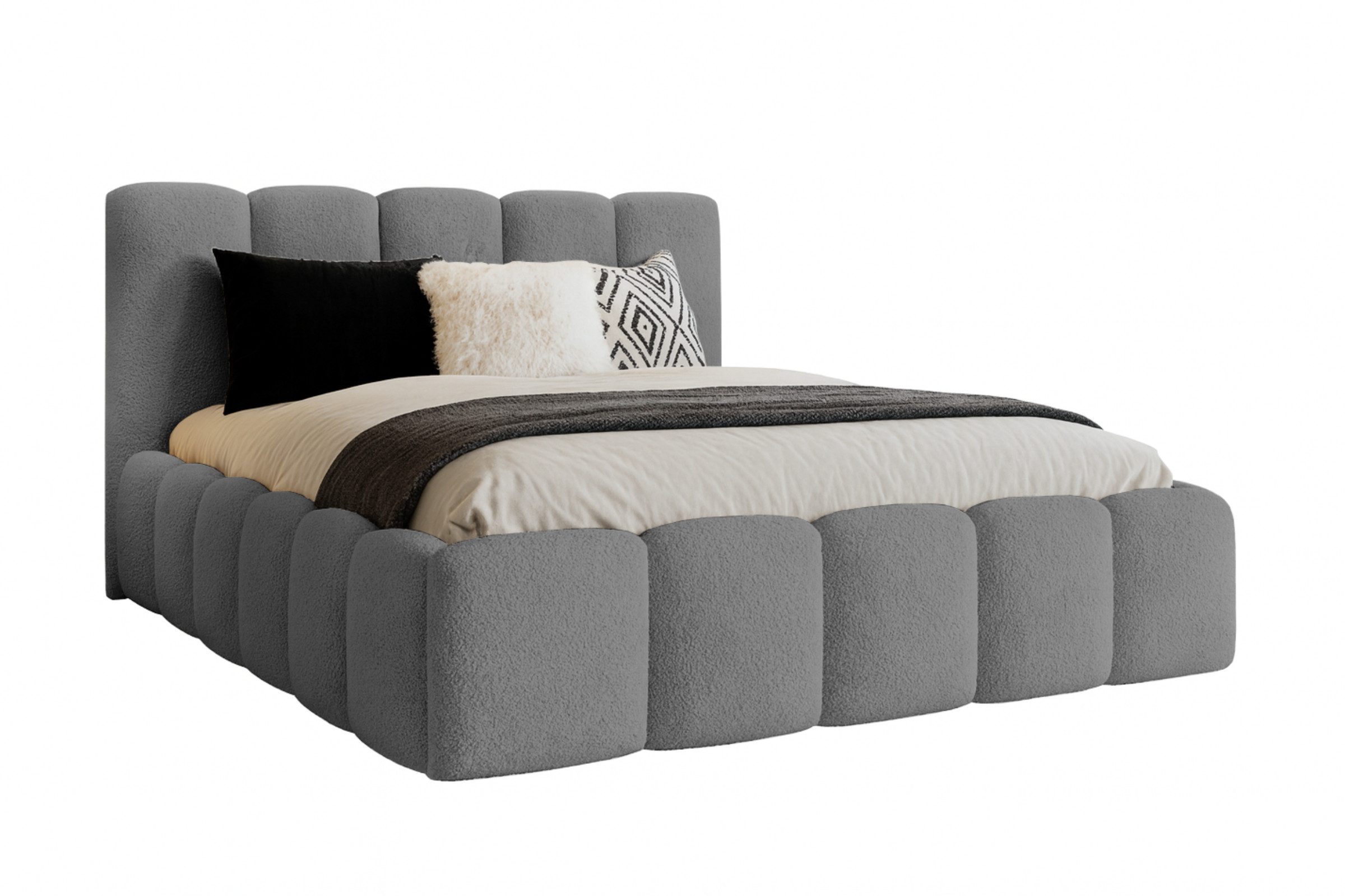 Deine Möbel 24 Polsterbett VALIA Polsterbett mit Bouclé-Bezug und großem Stauraum, Bubble-Design (Kompletbett Bett Ehebett Bubble-Bett, 1-tlg., Farben: Weiß, Creme, Hellgrau, Grau, Schwarz), 140x200 160x200 180x200 200x200