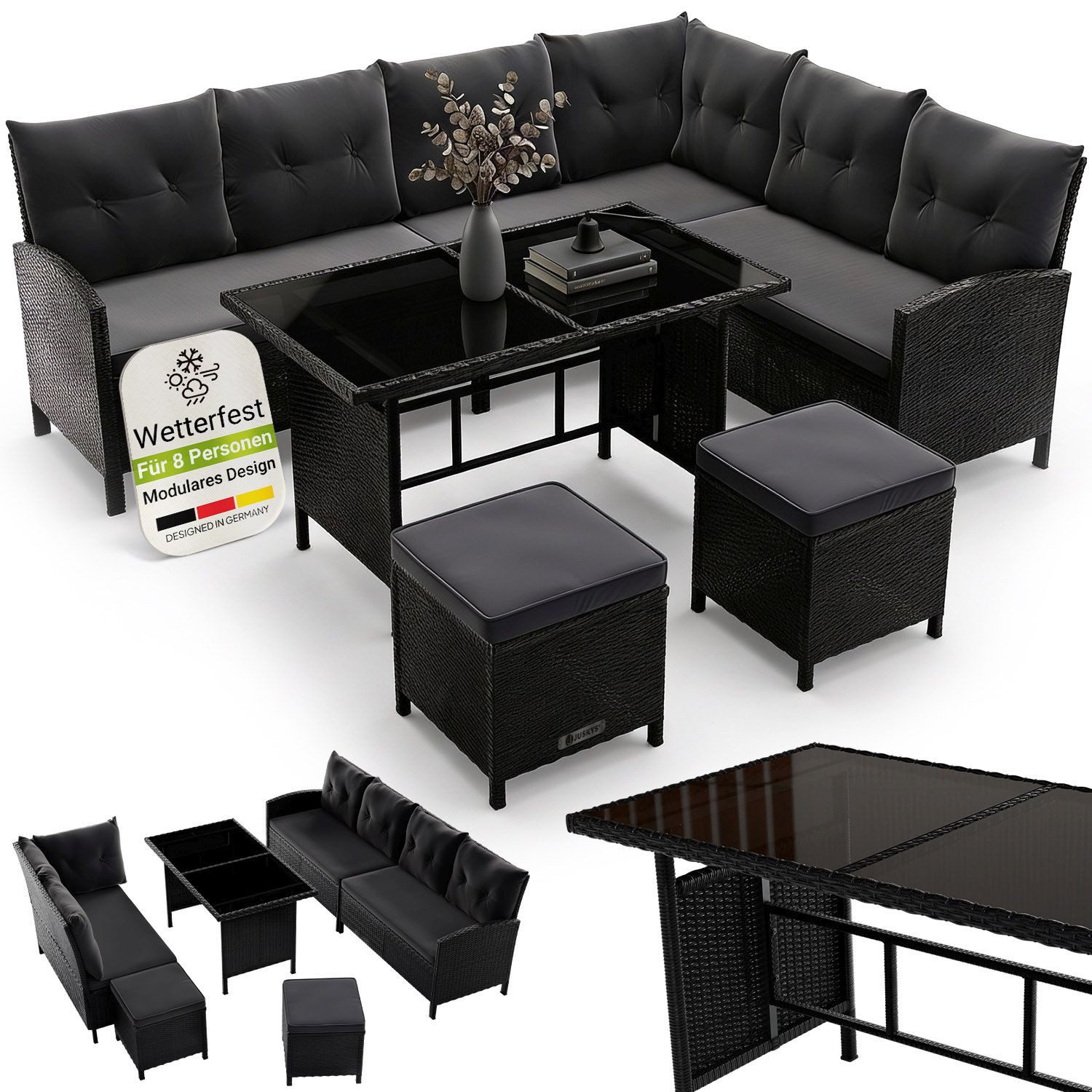 Juskys Gartenlounge-Set Manacor, (Gartenlounge), Polyrattan Gartenmöbel-Set mit Garten-Sofa, Garten-Tisch und 2 Hocker