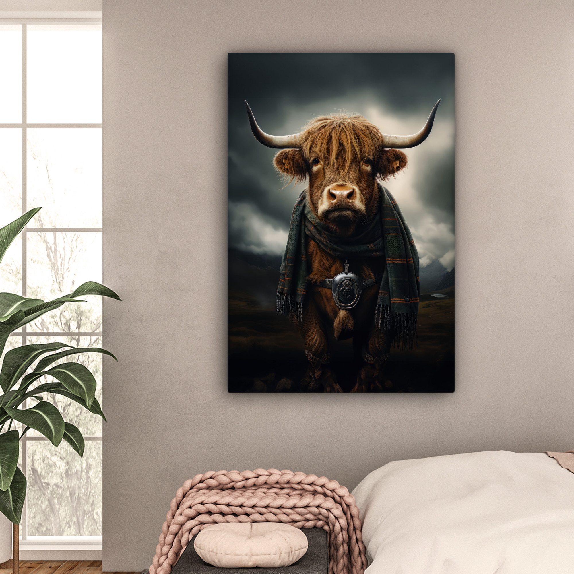 OneMillionCanvasses® Leinwandbild Schottischer Highlander - Schal - Berge, Fotodruck (1 St), Leinwandbilder XXL für Wohnzimmer 90x140 cm