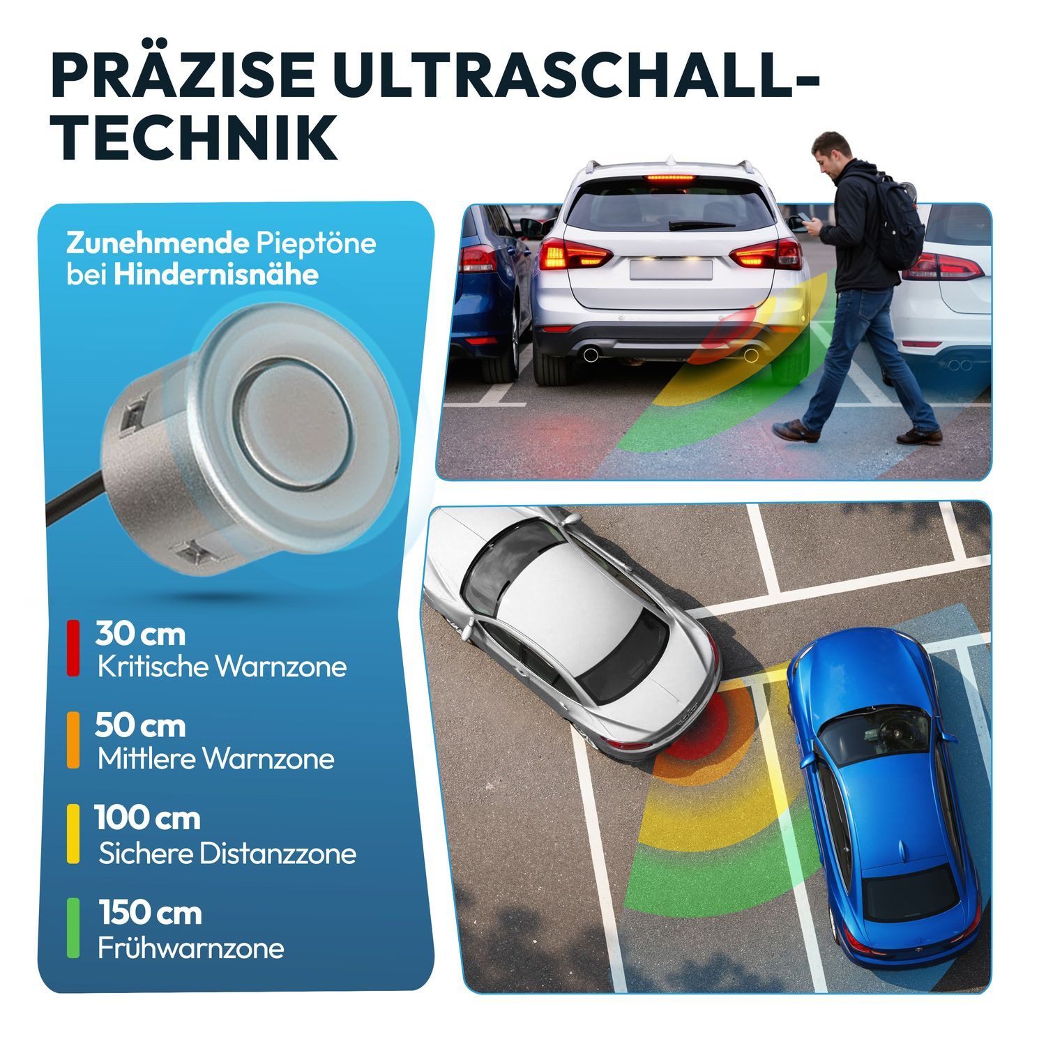 VSG24 Akustische Premium Einparkhilfe ECHO PLUS Parkhilfe zum nachrüsten PDC Rückfahrkamera (Rückfahrwarner mit Lautsprecher & 4 Sensoren Stecksystem Nachrüstsatz)