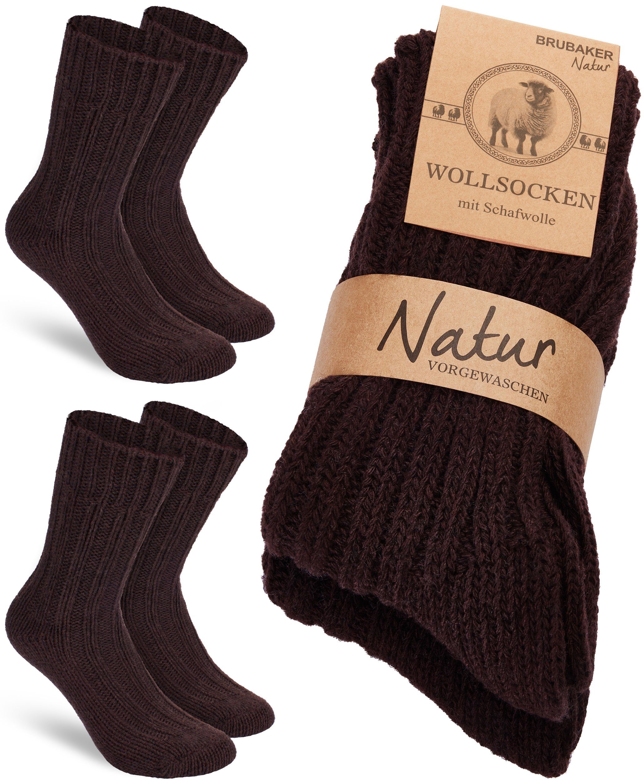 BRUBAKER Socken Wollsocken - Wintersocken für Damen und Herren - Warm und Flauschig (2-Paar) Stricksocken Set mit Schafwolle - Winter Thermosocken Braun
