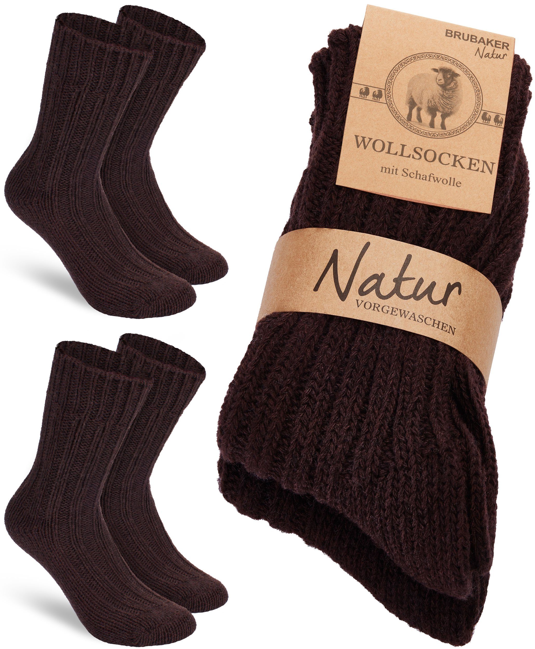 Warm Flauschig Herren Socken Damen Winter Stricksocken (2-Paar) Wintersocken Wollsocken und für mit BRUBAKER - Braun - und Thermosocken - Set Schafwolle