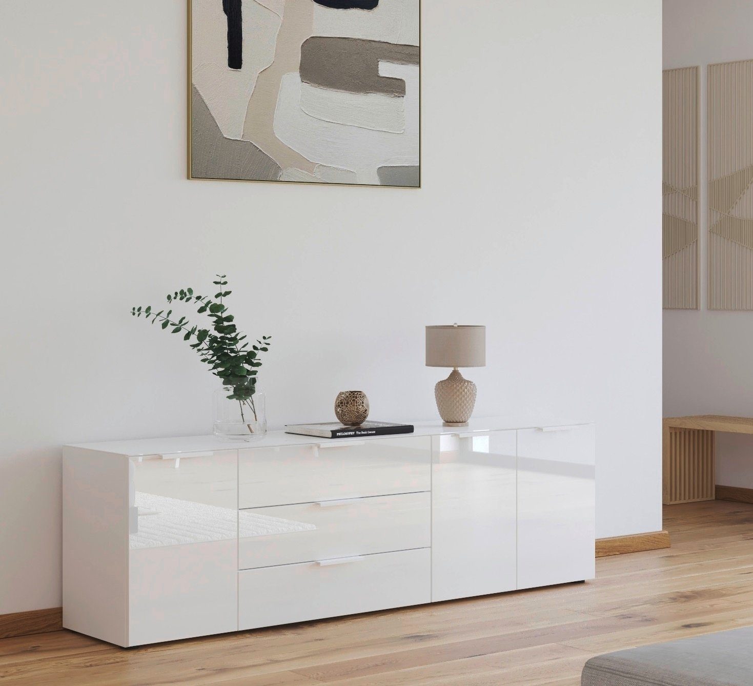 rauch Kombikommode Kommode Türkommode Sideboard Kombikommode FLIPP mit Glasfront (Breite 200 cm mit 2 Einlegeböden), 3-türig, 3 Schubladen, Soft-Close-Funktion, Oberboden und Front Glas