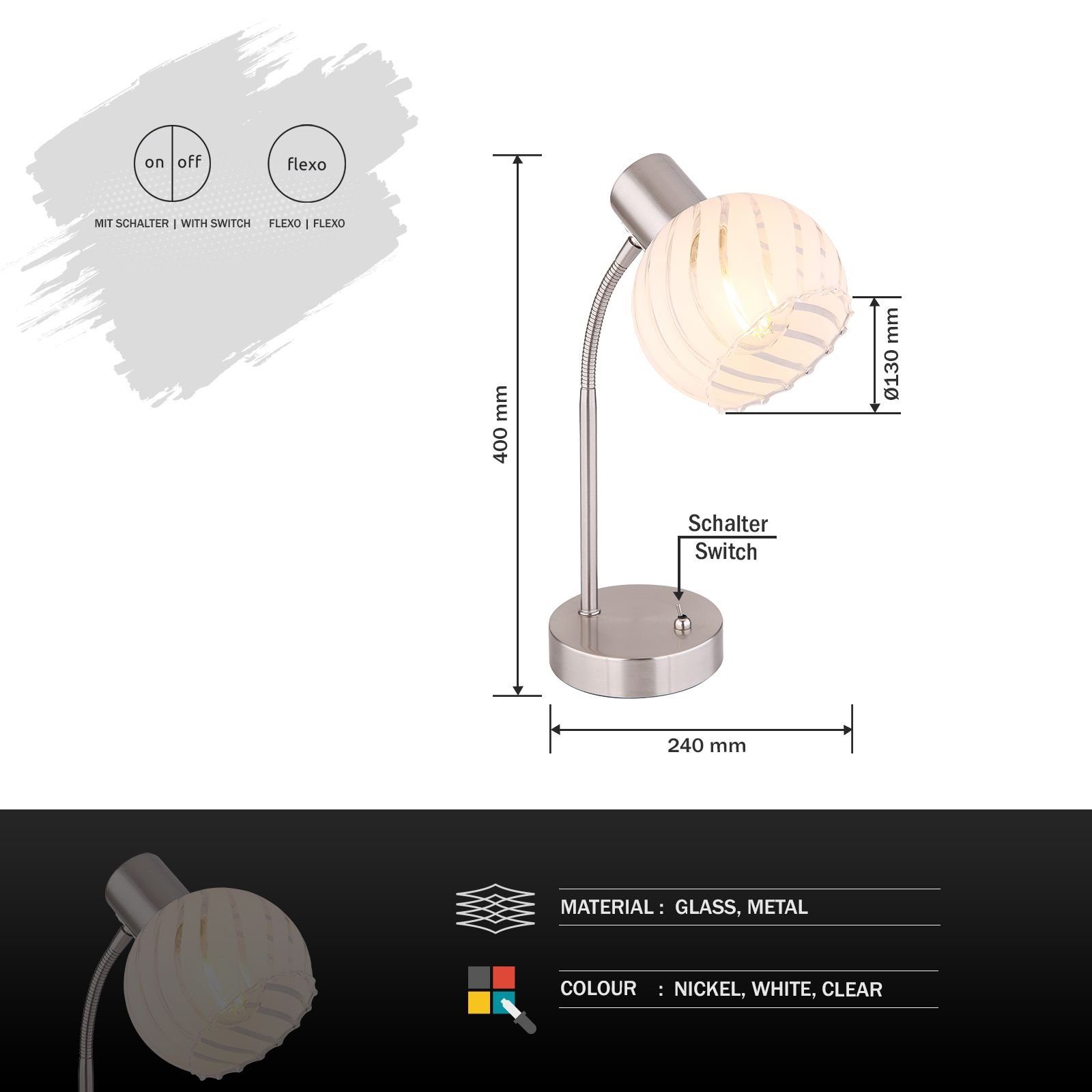 Tischlampe GLOBO Schlafzimmer Tischleuchte Flur Schalter Wohnzimmer Tischleuchte Globo