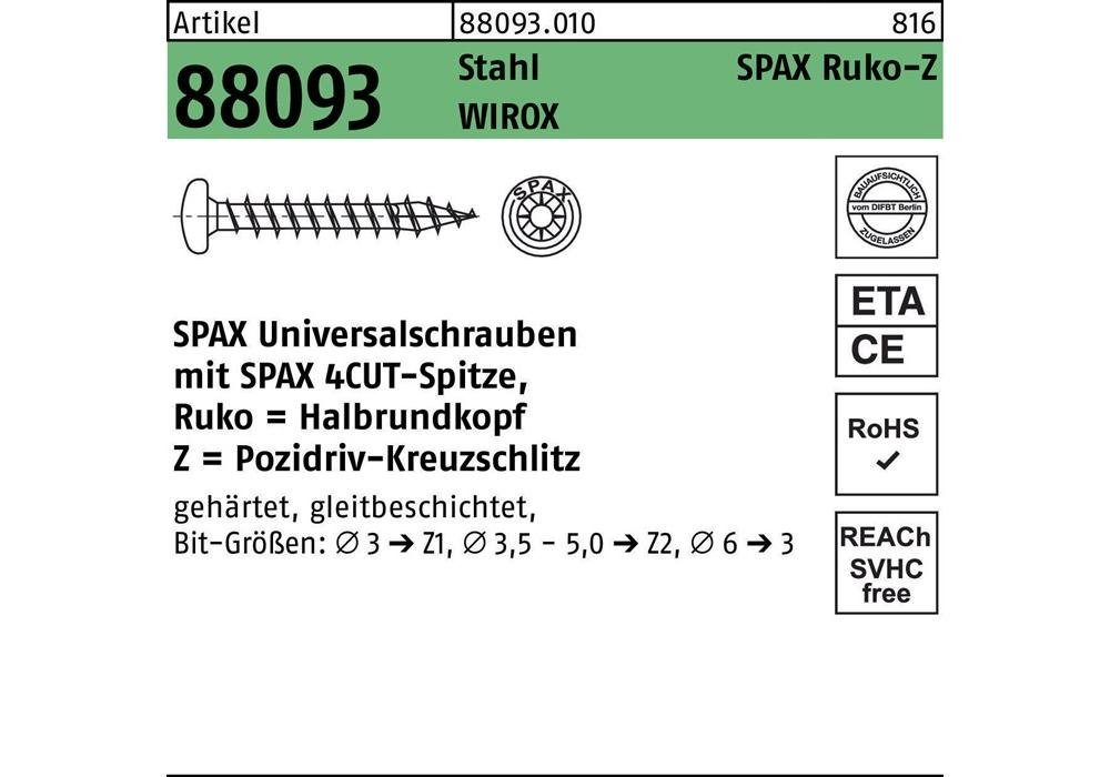 4 verzinkt x 88093 Schraube R m.Spitze/Kreuzschlitz-PZ SPAX WIROX galvanisch Ruko Stahl 45/42-Z Senkschraube