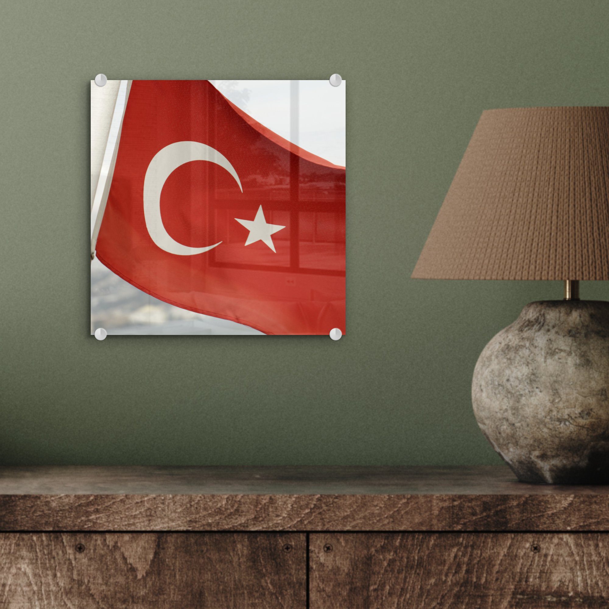 auf Wandbild - weht Türkei St), Flagge Wind, auf Acrylglasbild - Foto im (1 Glas der Glasbilder Bilder Glas MuchoWow - Wanddekoration Die