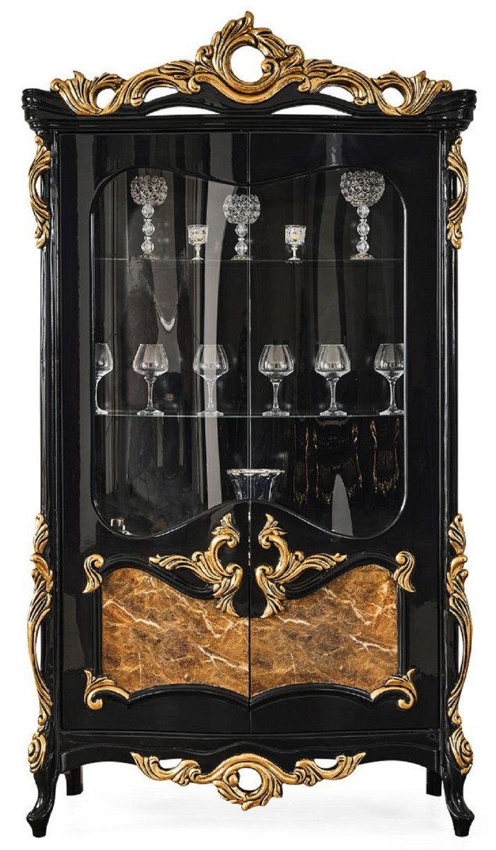 220 Prunkvoller Barock - Padrino Luxus cm / x Vitrine mit - Vitrinenschrank H. 156 Braun Massivholz Glastüren Gold 2 50 x Vitrine Barock Schwarz Casa Möbel /