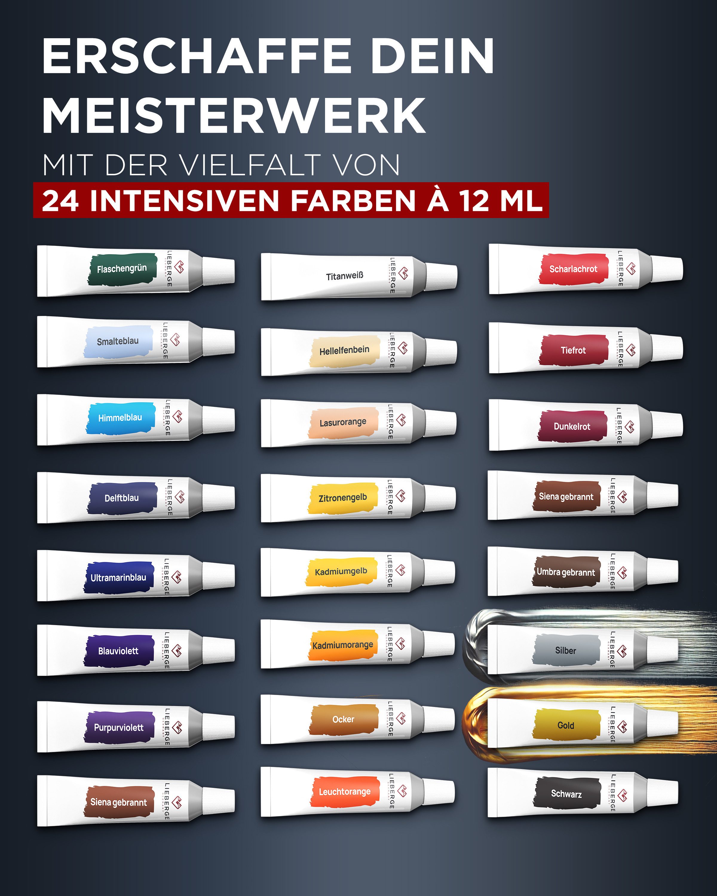 LIEBERGE Acrylfarbe Premium Set – 24 intensive Farben à 12ml mit hoher Deckkraft, hohe Farbbrillianz, lichtbeständig, wasserbasiert, schnelltrocknend