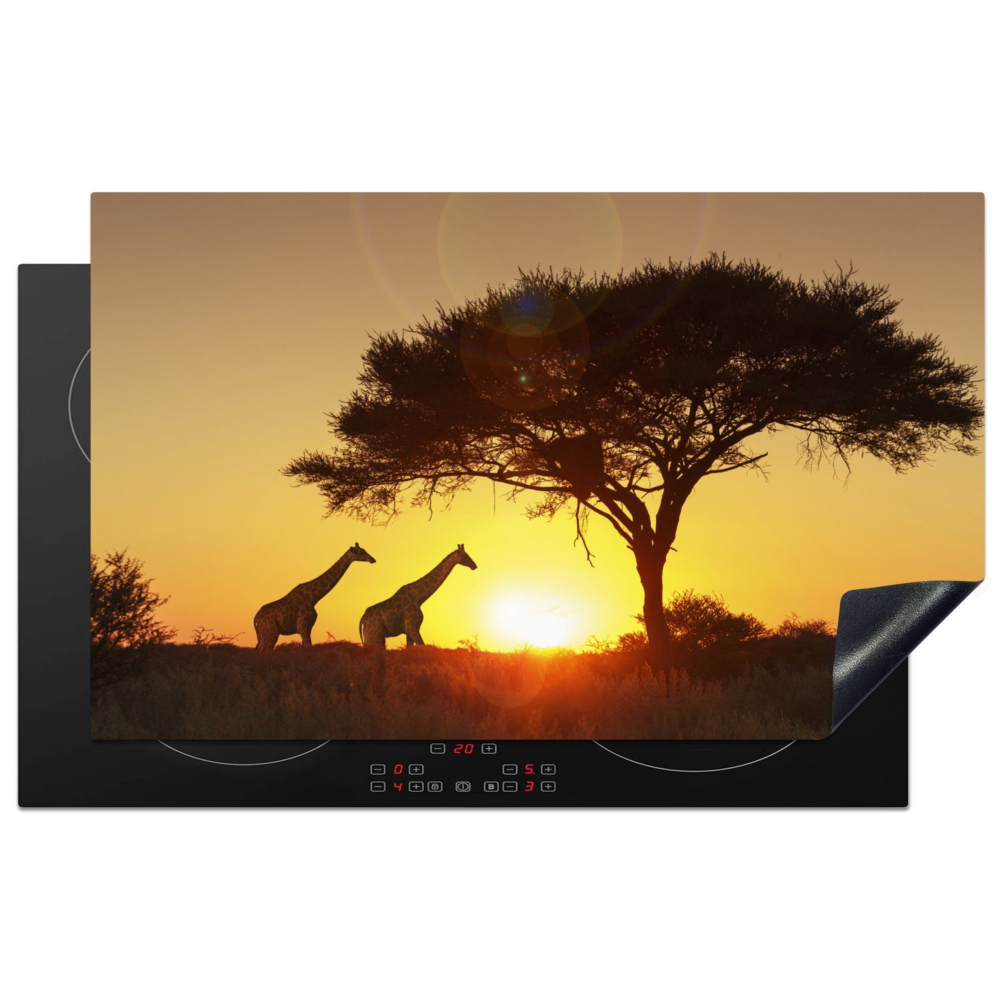 MuchoWow Herdblende-/Abdeckplatte Giraffen vor der untergehenden Sonne, Vinyl, (1 tlg), 83x51 cm, Ceranfeldabdeckung, Arbeitsplatte für küche