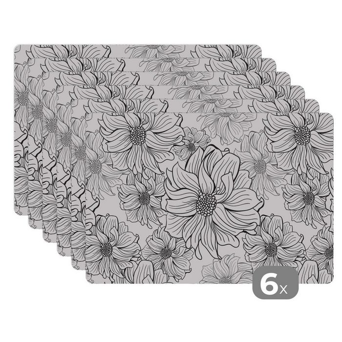 Platzset Blumen - Schwarz - Weiß - Design MuchoWow (6-St) Platzset Platzdecken Platzmatte Tischmatten Schmutzabweisend