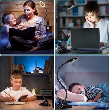 AKKEE LED Klemmtischleuchte Klemmleuchten Leselampe Buch, Bett-Leselampe, Leichtes Buchlicht, Dimmbar 3 Farbtemperatur 10 Helligkeit Schnurgebunden, LED fest integriert, Warmweiß, 360°Flexibel USB Portnutzung Mini Klemmlampe für Nachtlesen, Bett,Büro