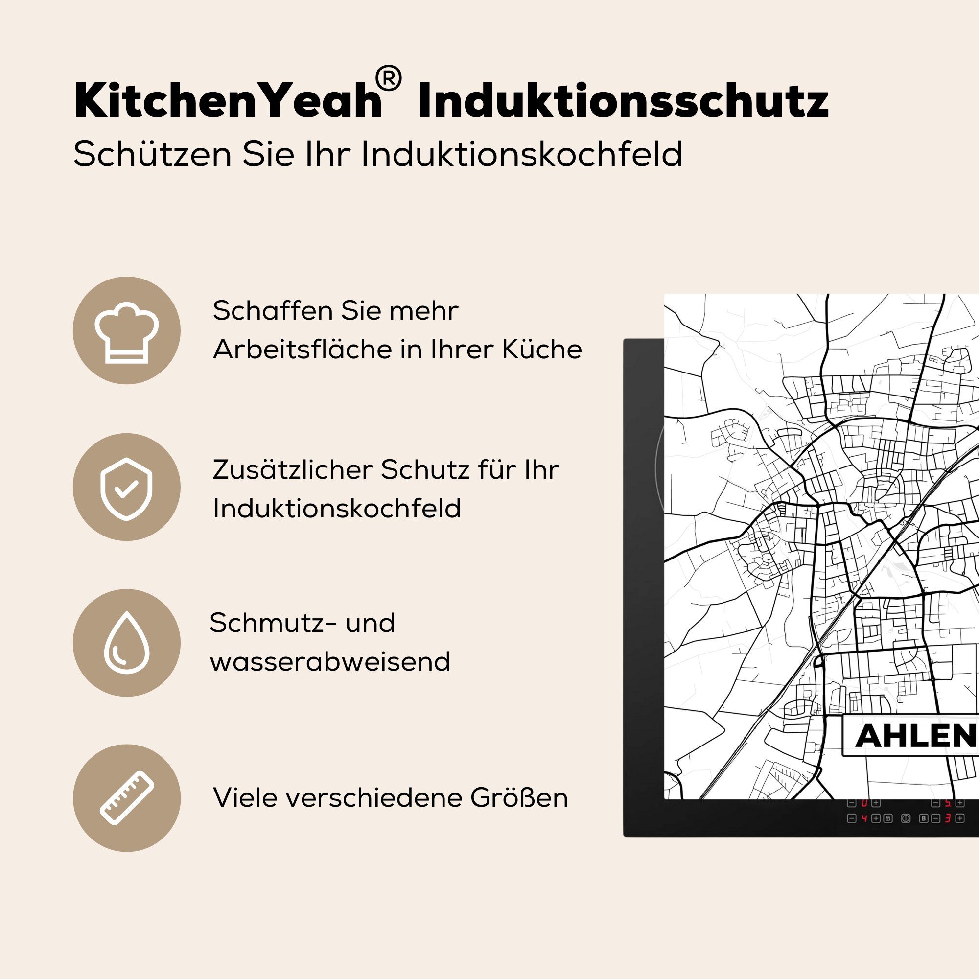 Herdblende-/Abdeckplatte - tlg), Stadtplan, 78x78 - für Vinyl, Ceranfeldabdeckung, (1 MuchoWow Karte Arbeitsplatte küche cm, Ahlen