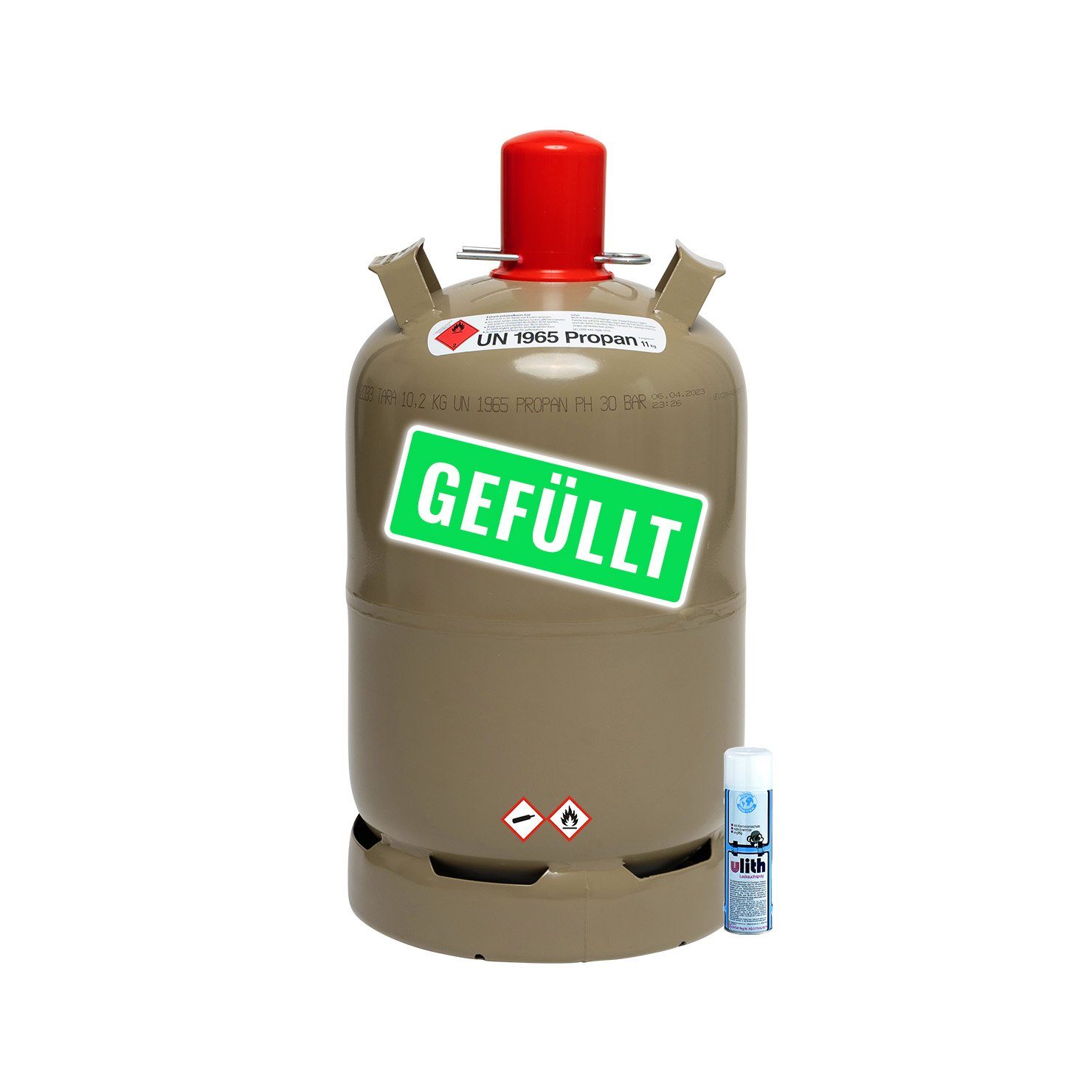 BlueCraft Camping-Gas Bluecraft Propan-Gas-Flasche 11 kg gefüllt voll Campinggasflasche, Propan Gas-Flasche grau gefüllt, Eigentumsflasche Inkl. Lecksuchspray