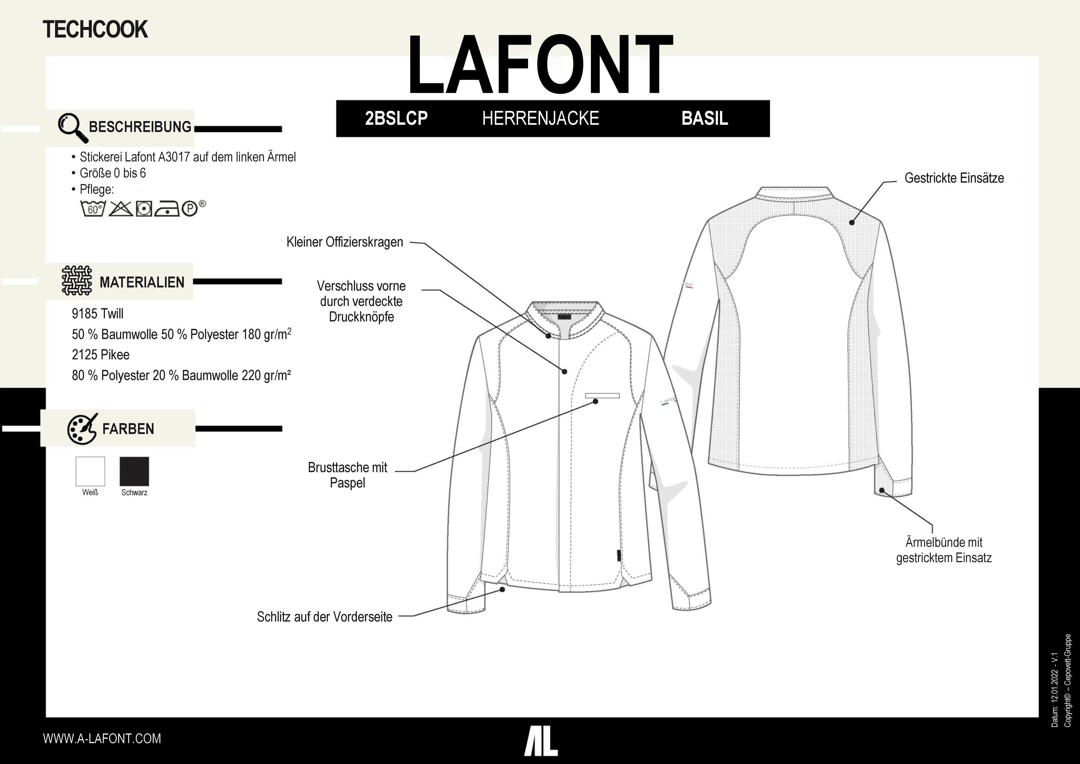 Lafont WEISS verdeckter Langarm, Atmungsaktiv, Kochjacke "Basil" Druckknopfverschluss Herren