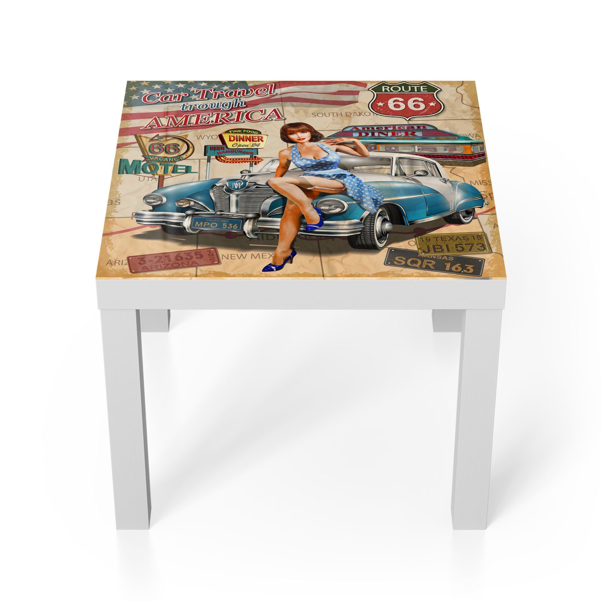 DEQORI Couchtisch 'Route 66-Plakat', Glas Beistelltisch Glastisch modern Weiß