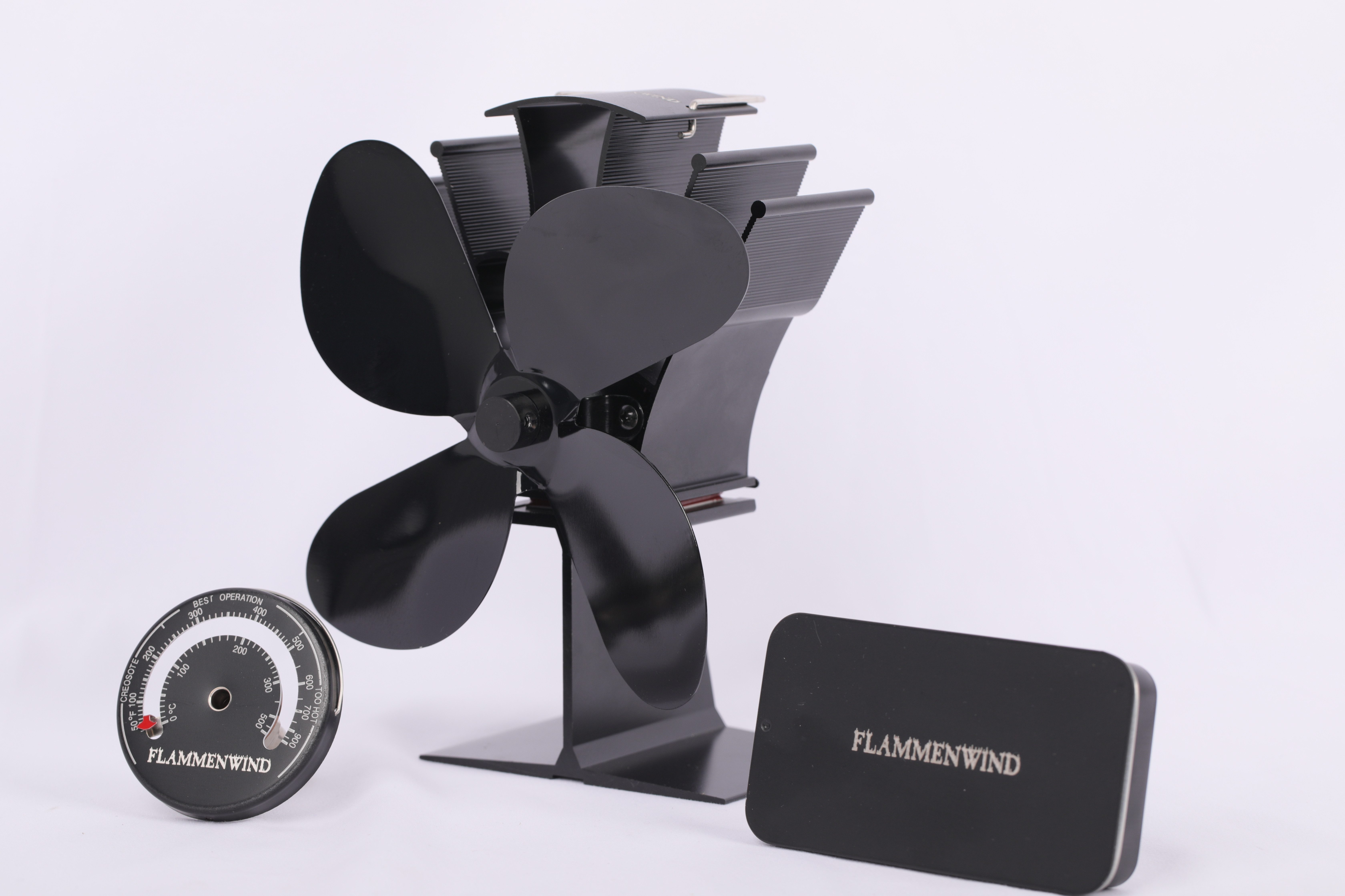 Flammenwind Kaminventilator Ofenventilator-wärmebetrieben, ohne Batterie Nutzbar inkl. Thermometer, Premium Gerät sorgt für Wärmeverteilung ohne Stromverbrauch